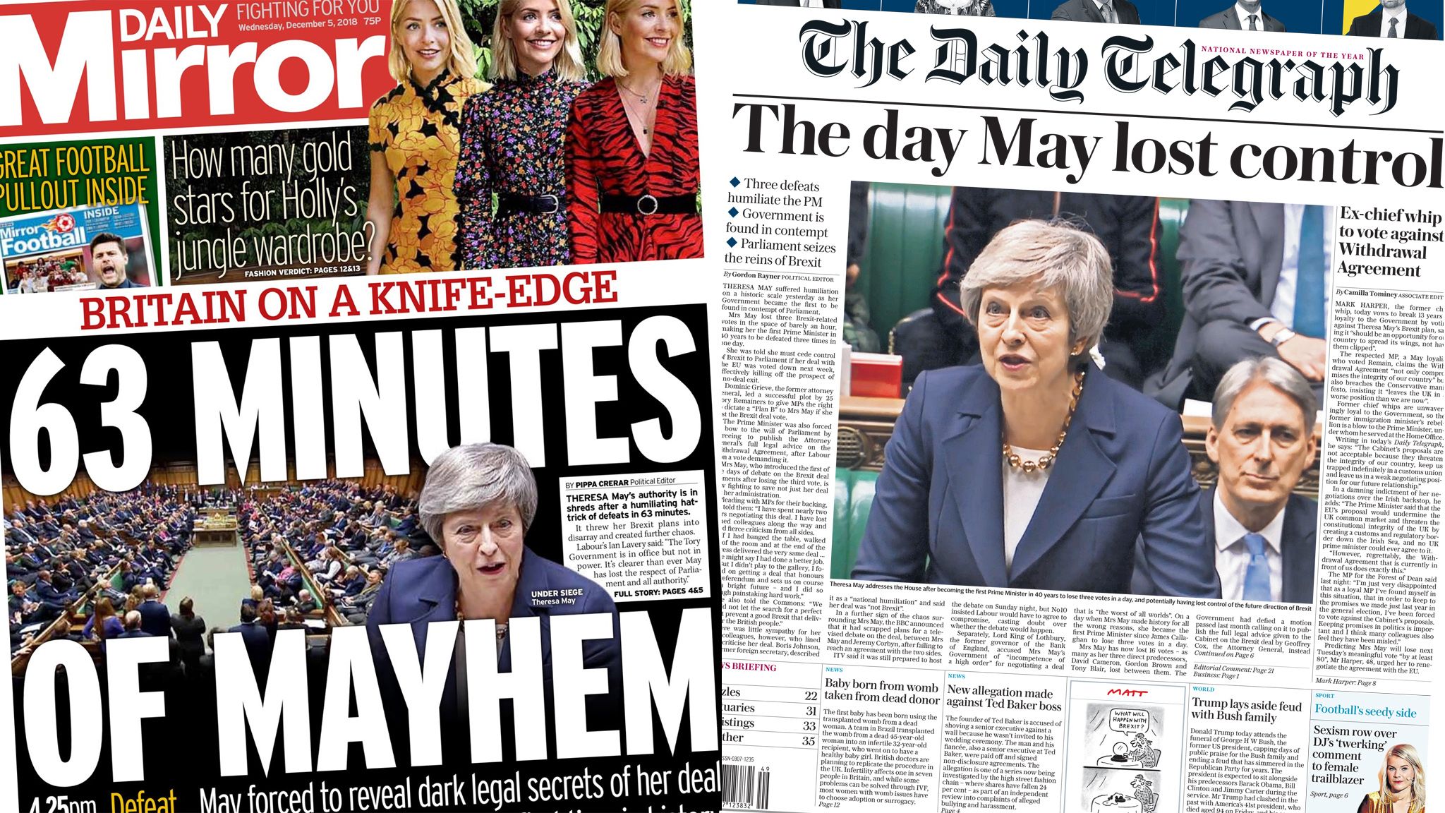 Composite image showing Mirror and Telegraph front pages