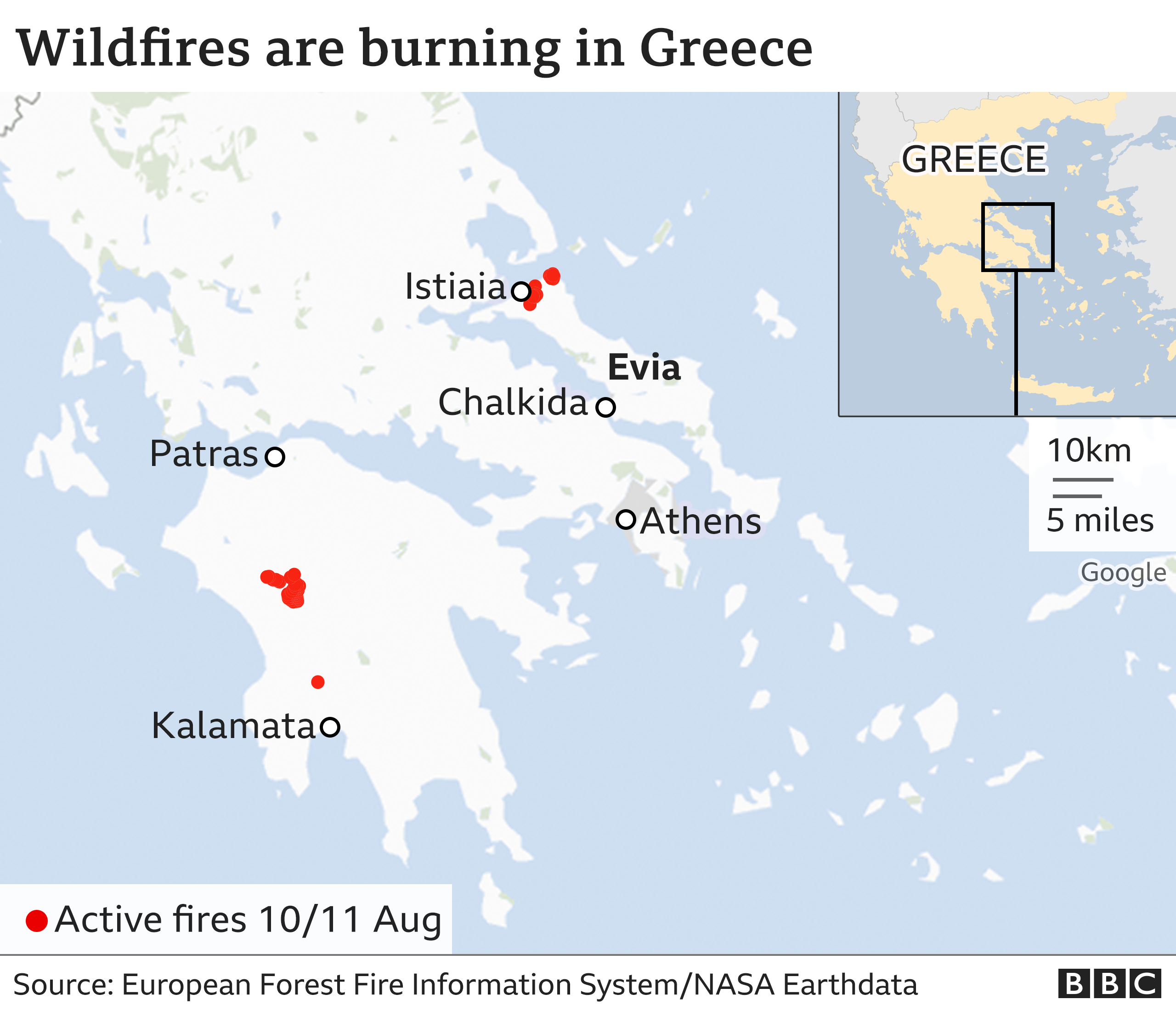 Map of wildfire in Greece
