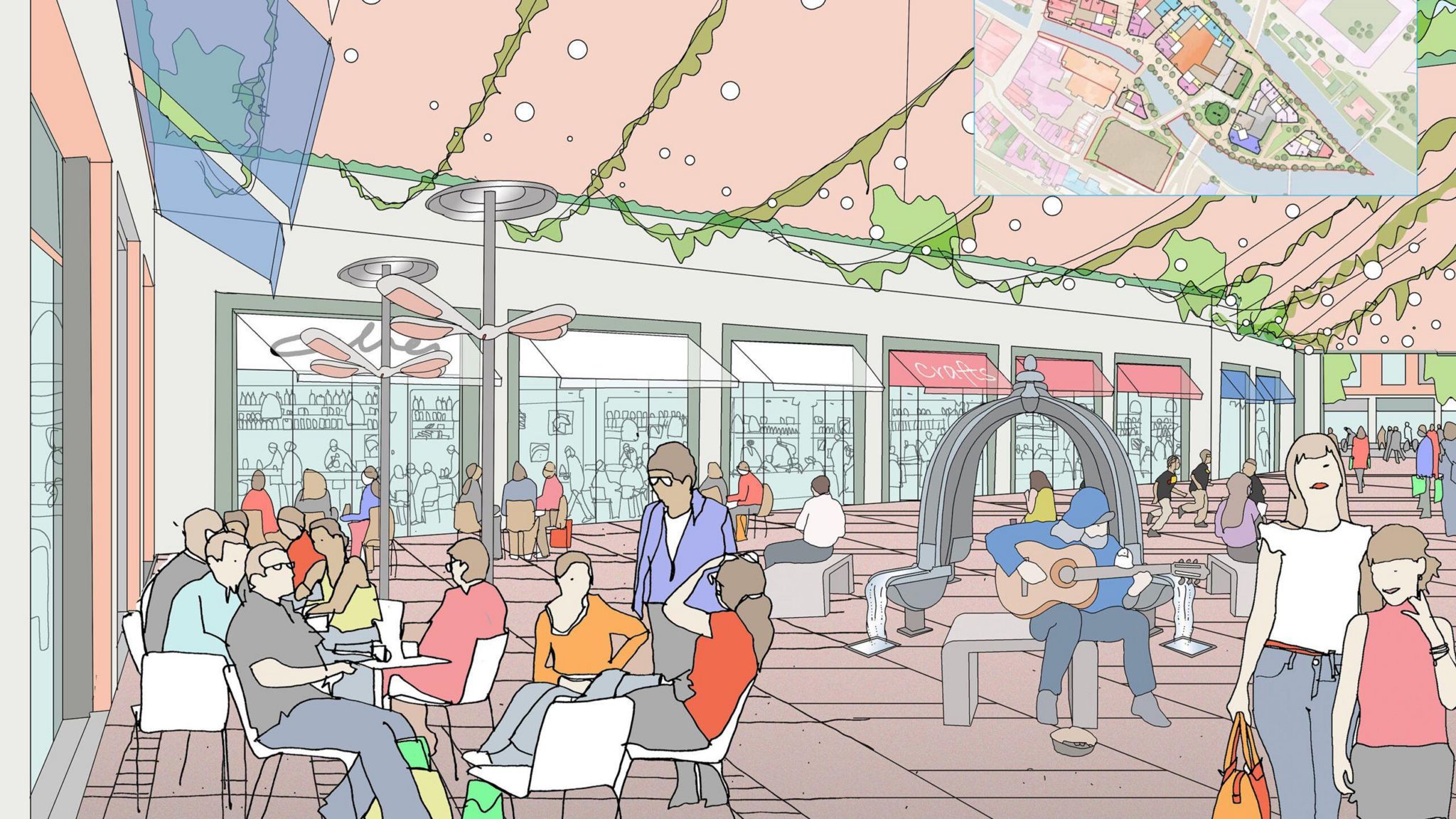 An artists impression of people sitting at a cafe in the foreground of a busy, developed new city centre