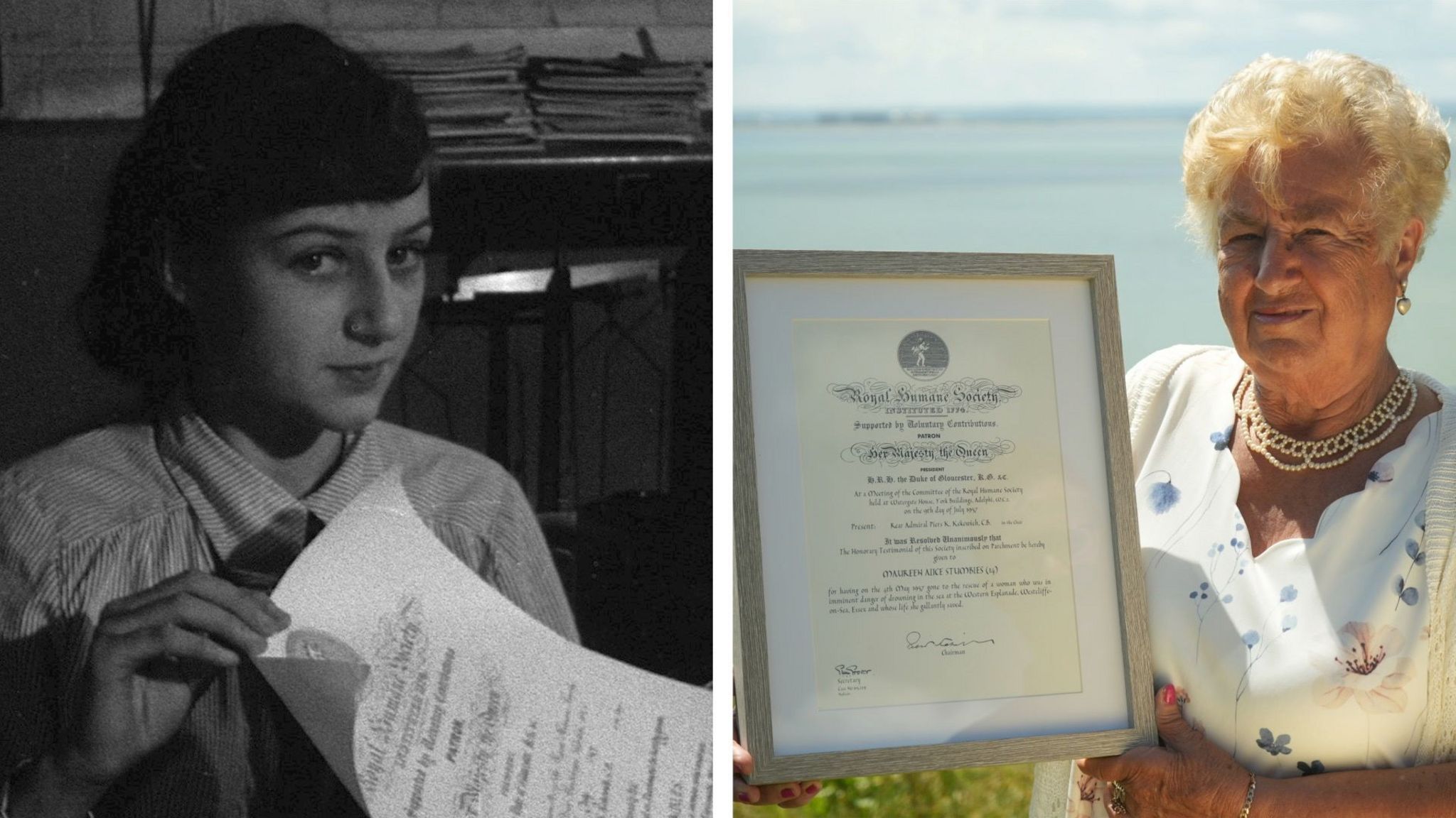 Maureen Roose with her bravery certificate in 1957 and present day