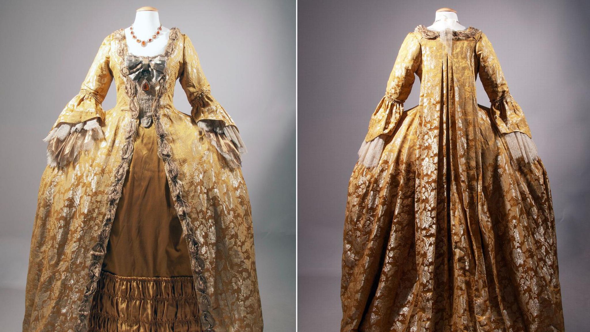 Front and back view of a gold brocade silk, mid-18th century overdress 