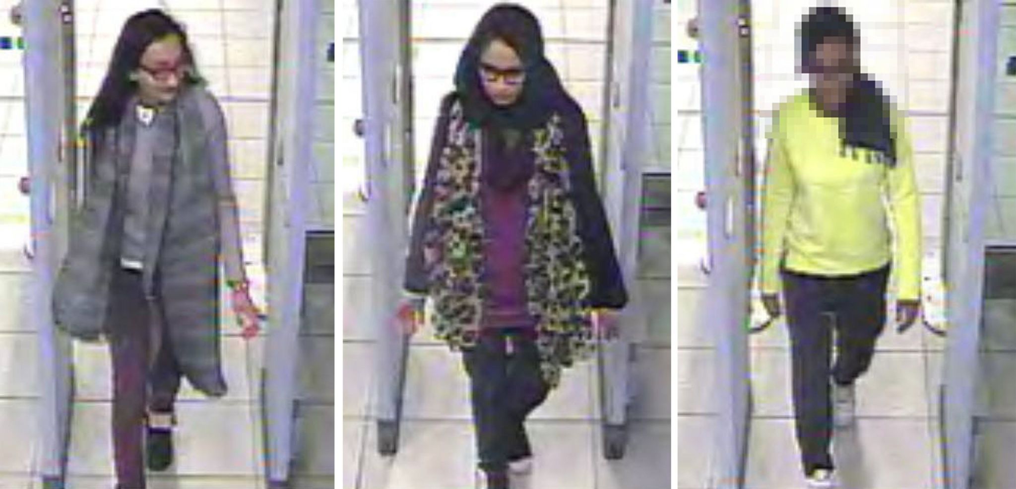 Stills taken from CCTV issued by the Metropolitan Police of (left to right) Kadiza Sultana,16, Shamima Begum,15 and Amira Abase, 15, at Gatwick Airport in 2015