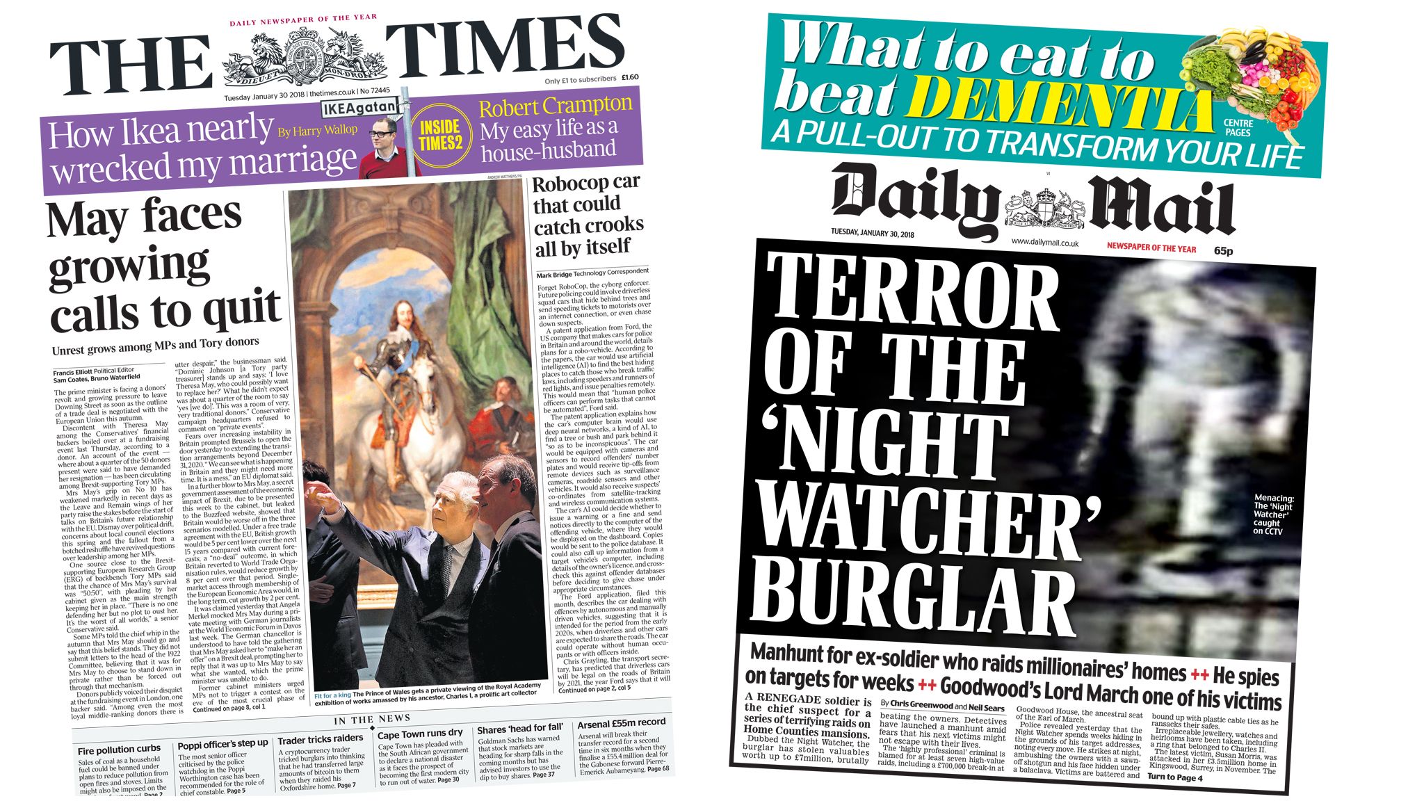 Times and Daily Mail front pages for 30/01/18