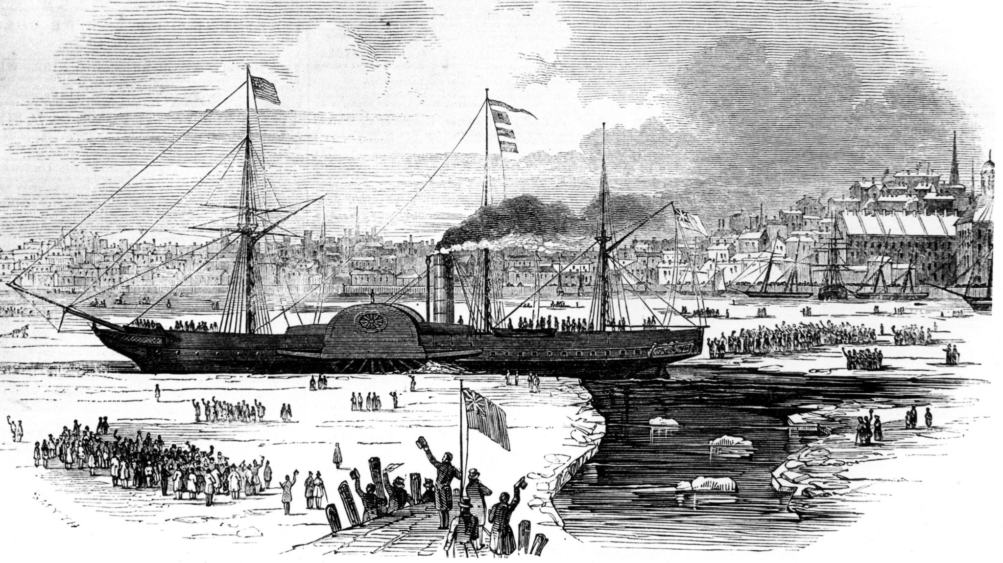 Cunard Line's first transatlantic liner Britannia leaving Boston, Massachusetts, USA, 1847