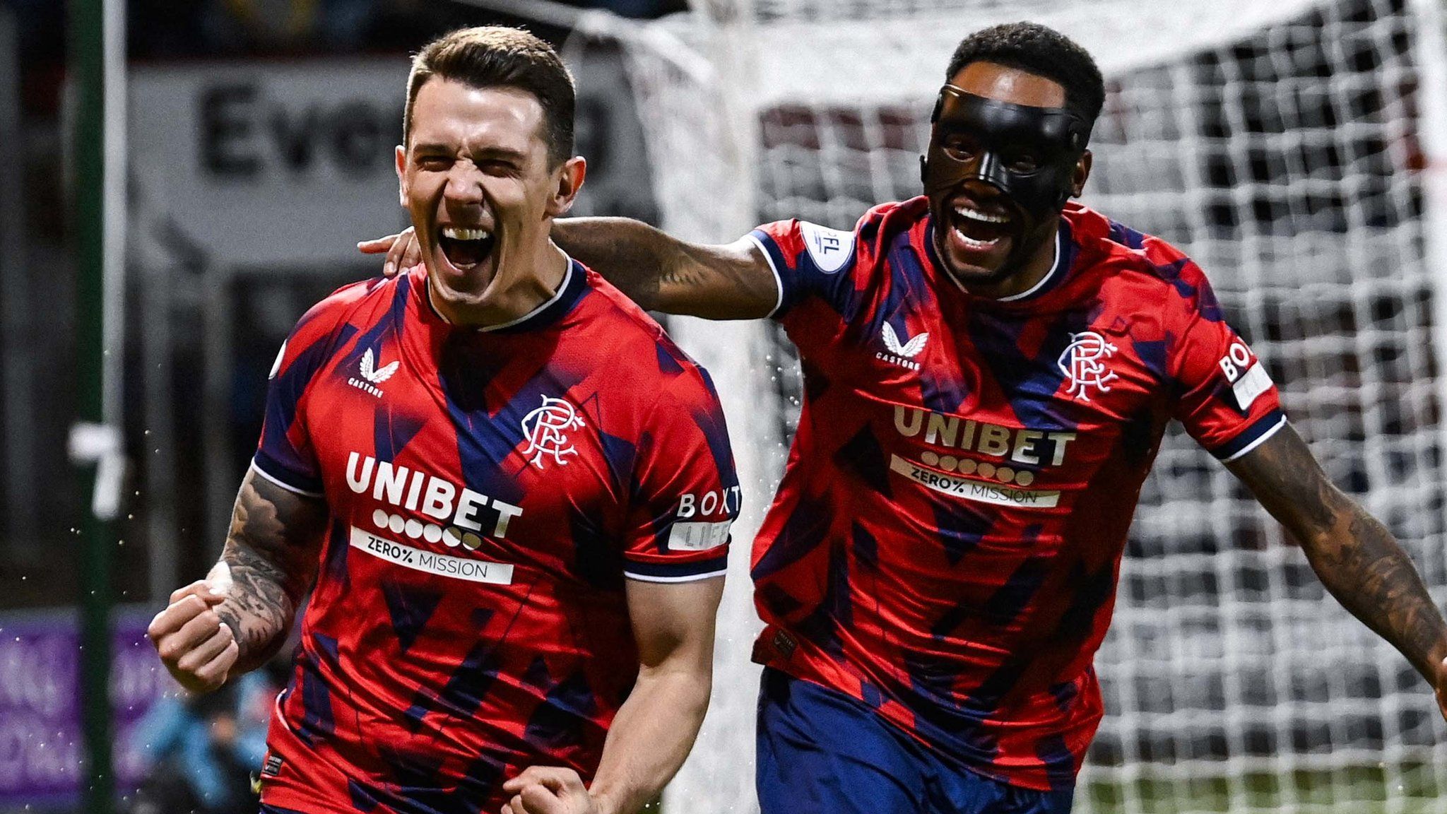 Rangers' Ryan Jack celebrates with Danilo after scoring to make it 1-0 during a cinch Premiership match between Dundee FC and Rangers at The Scot Foam Stadium at Dens Park