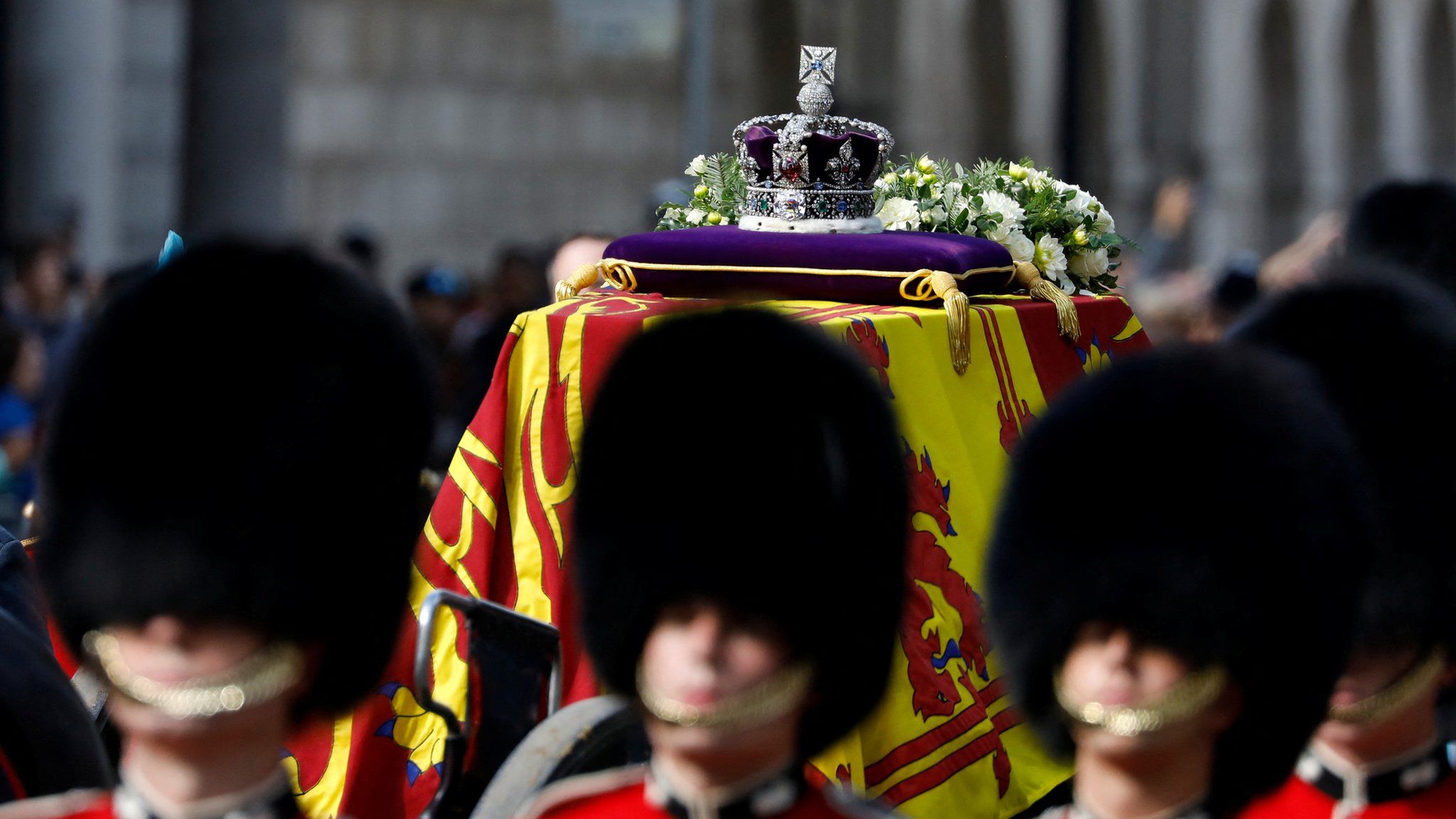 The Imperial State Crown is seen on the coffin carrying Queen Elizabeth II