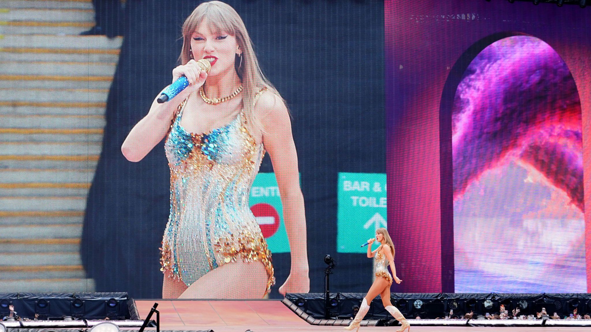 Taylor Swift performing at the Eras tour in Wembley