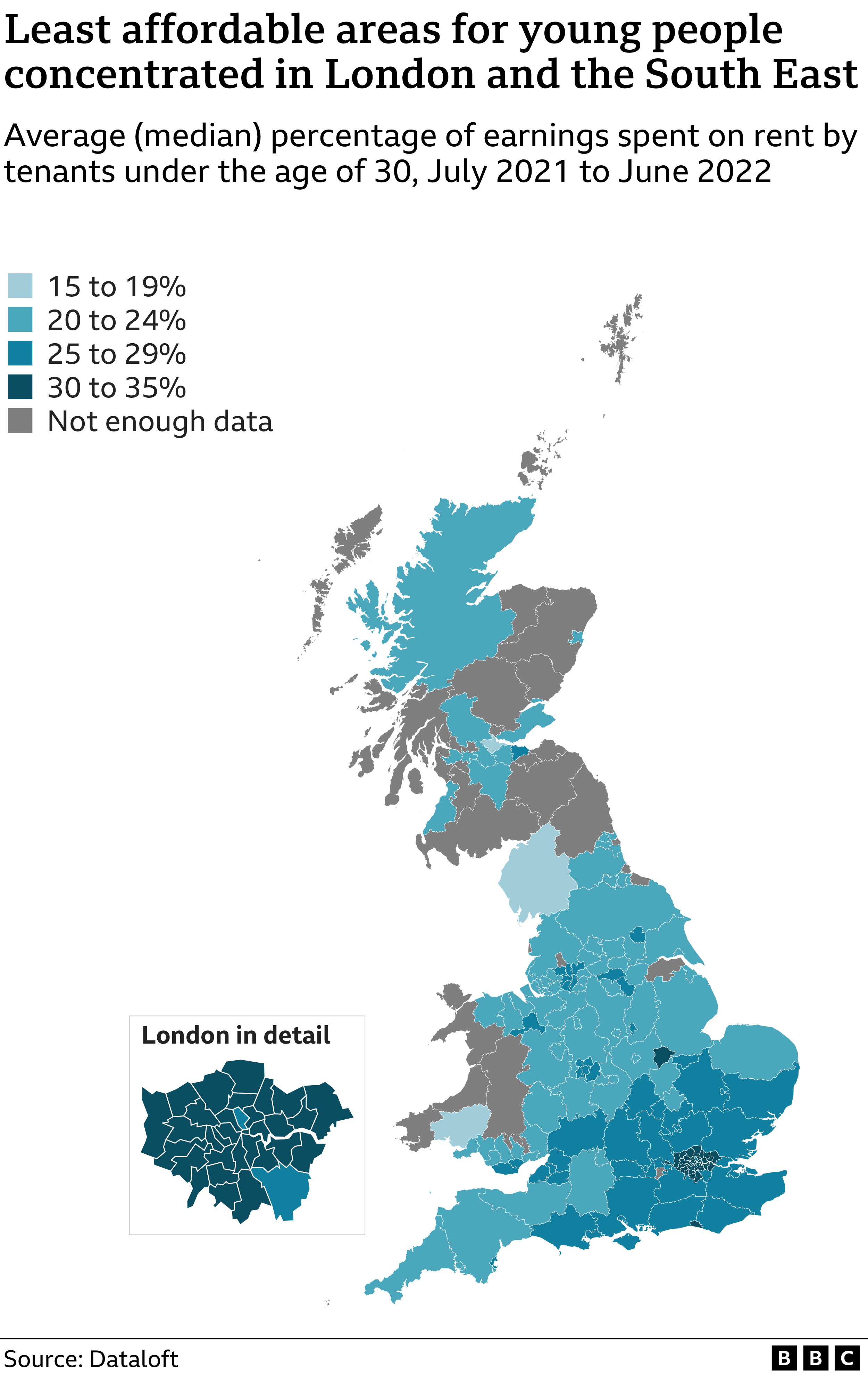 Map showing affordability for young people was worst in the South East. In almost all London boroughs, most people under 30 were spending above 30 per cent of their earnings on rent.