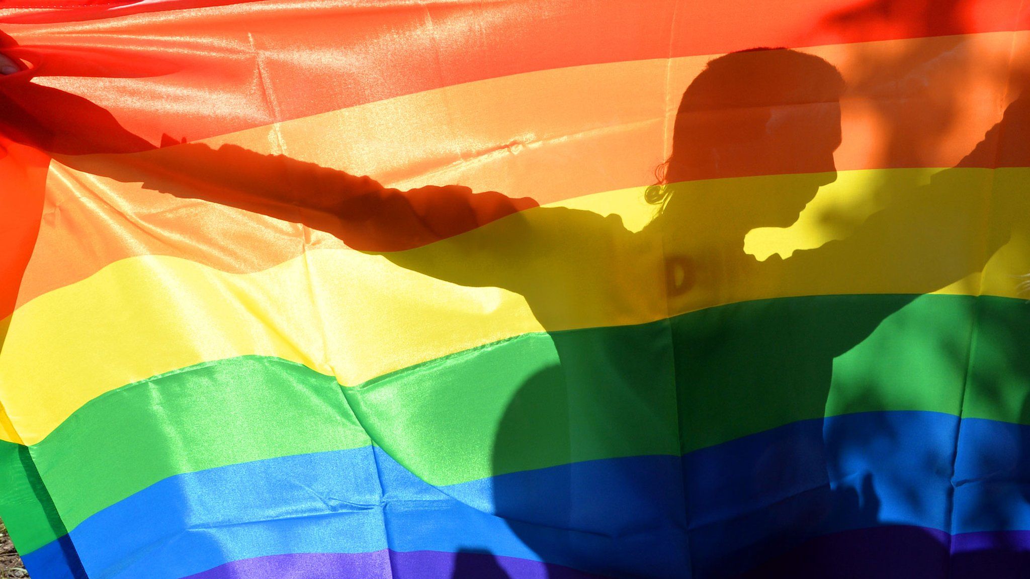 Person holding a rainbow flag