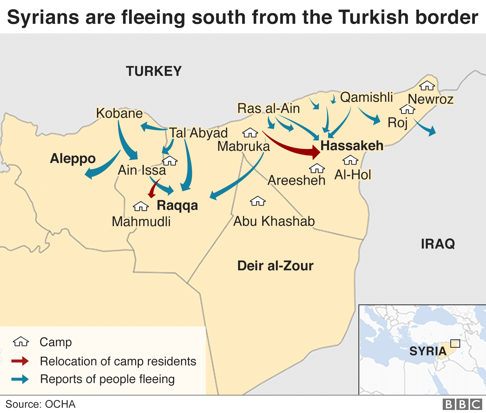 Map showing where Syrians are fleeing from in northern Syria