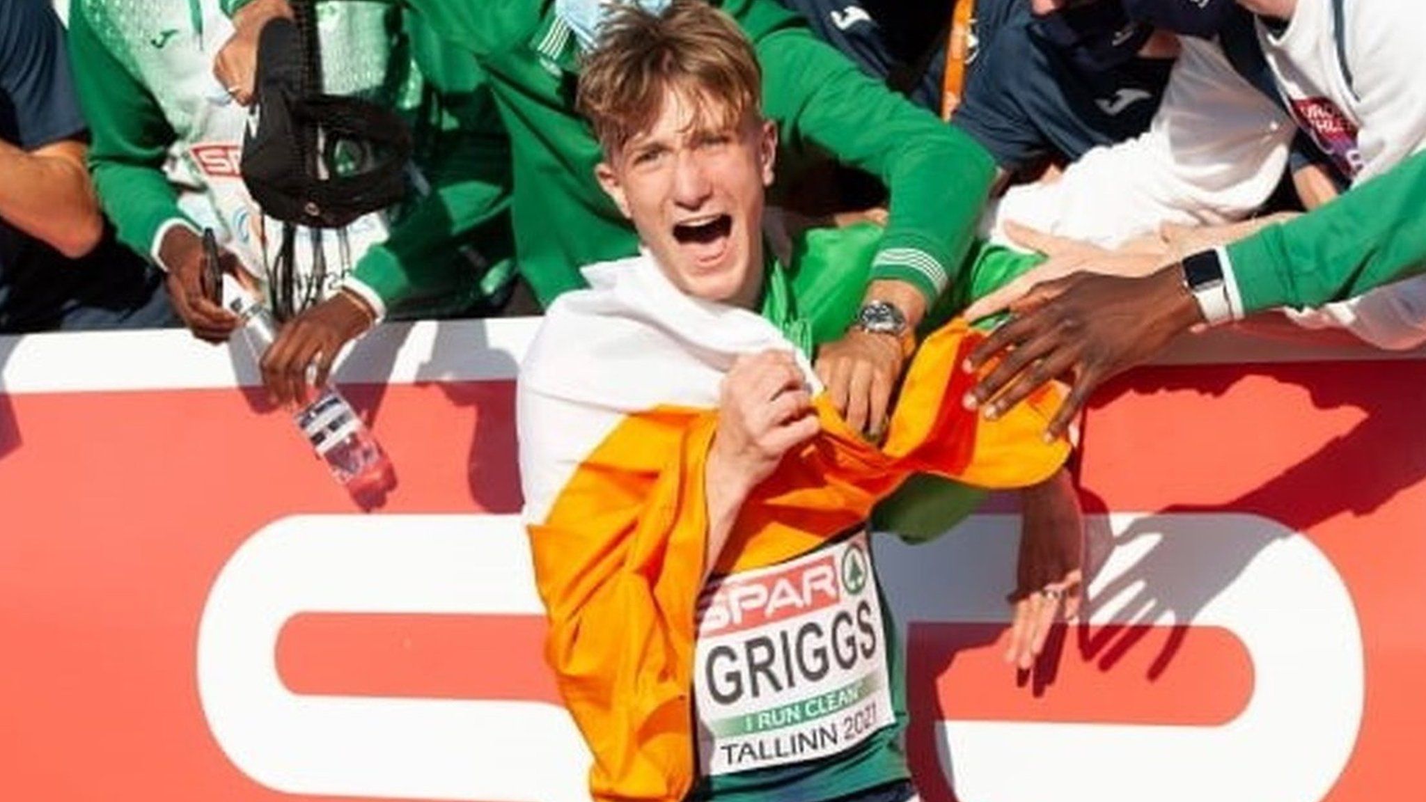 Nick Griggs celebrates after his surprise 3,000m gold at the European Under-20 Championships in July