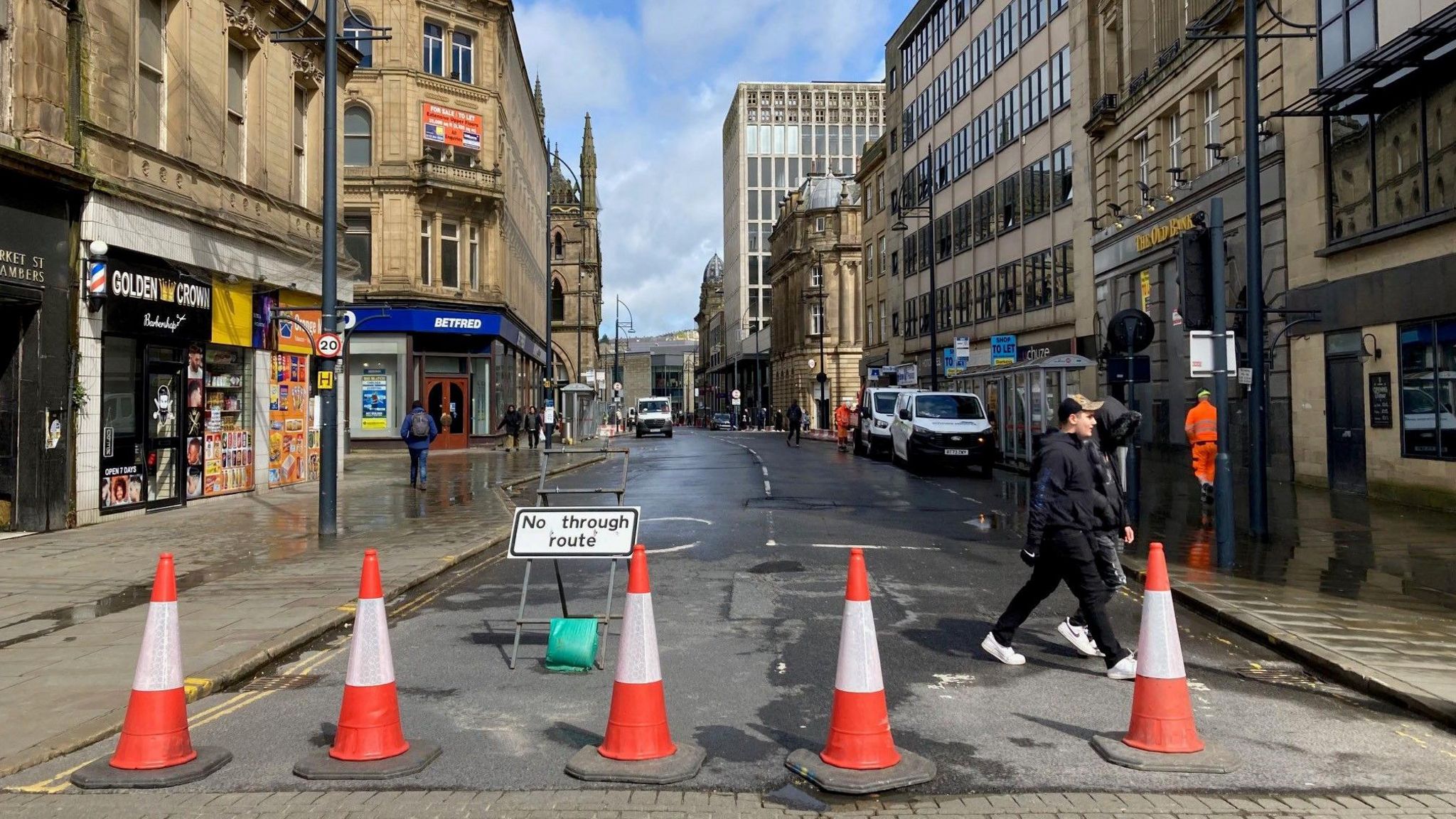 Traffic cones across the entrance to Market Street in Bradford city centre