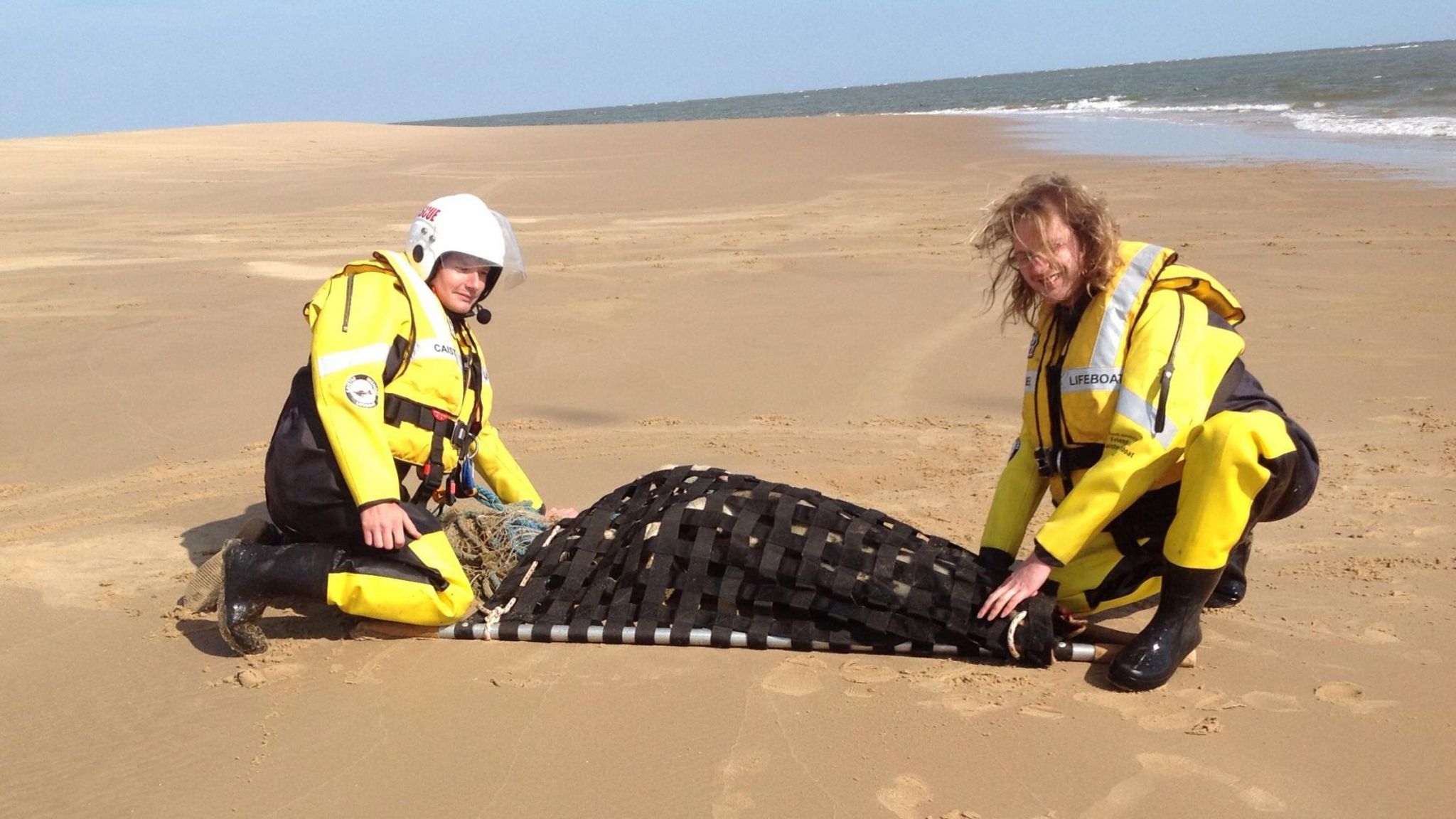 Rescue team with injured seal on Scroby Sands