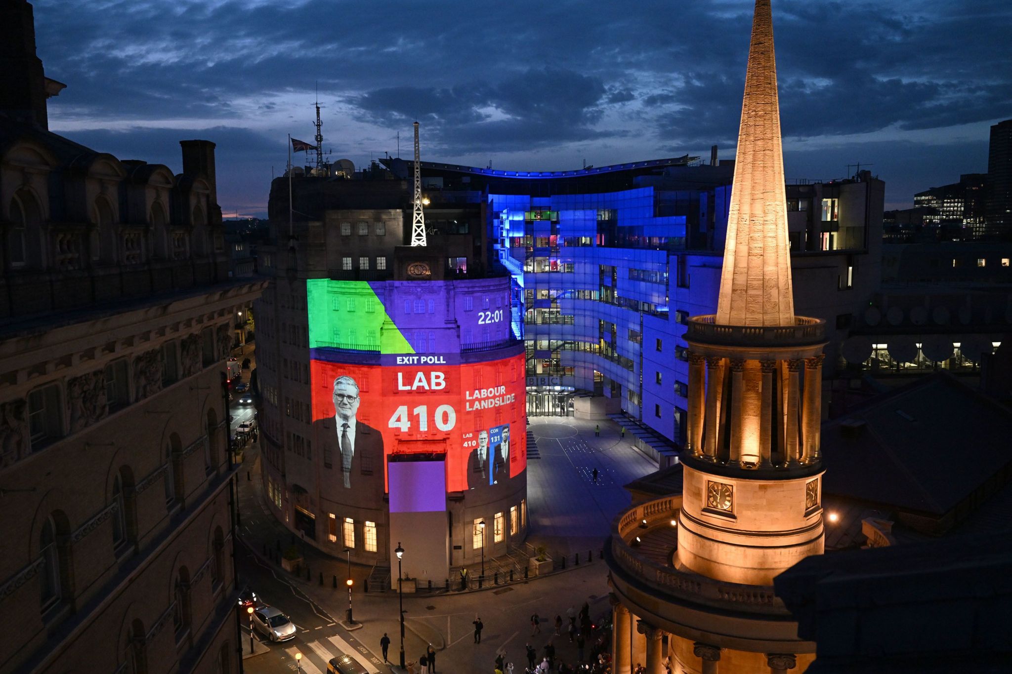 General view of BBC Broadcasting House (with overlay of NBH projected onto Broadcasting House) in London just ahead projection of the GfK/Ipsos MORI Exit Poll (conducted for BBC/ITV/Sky)