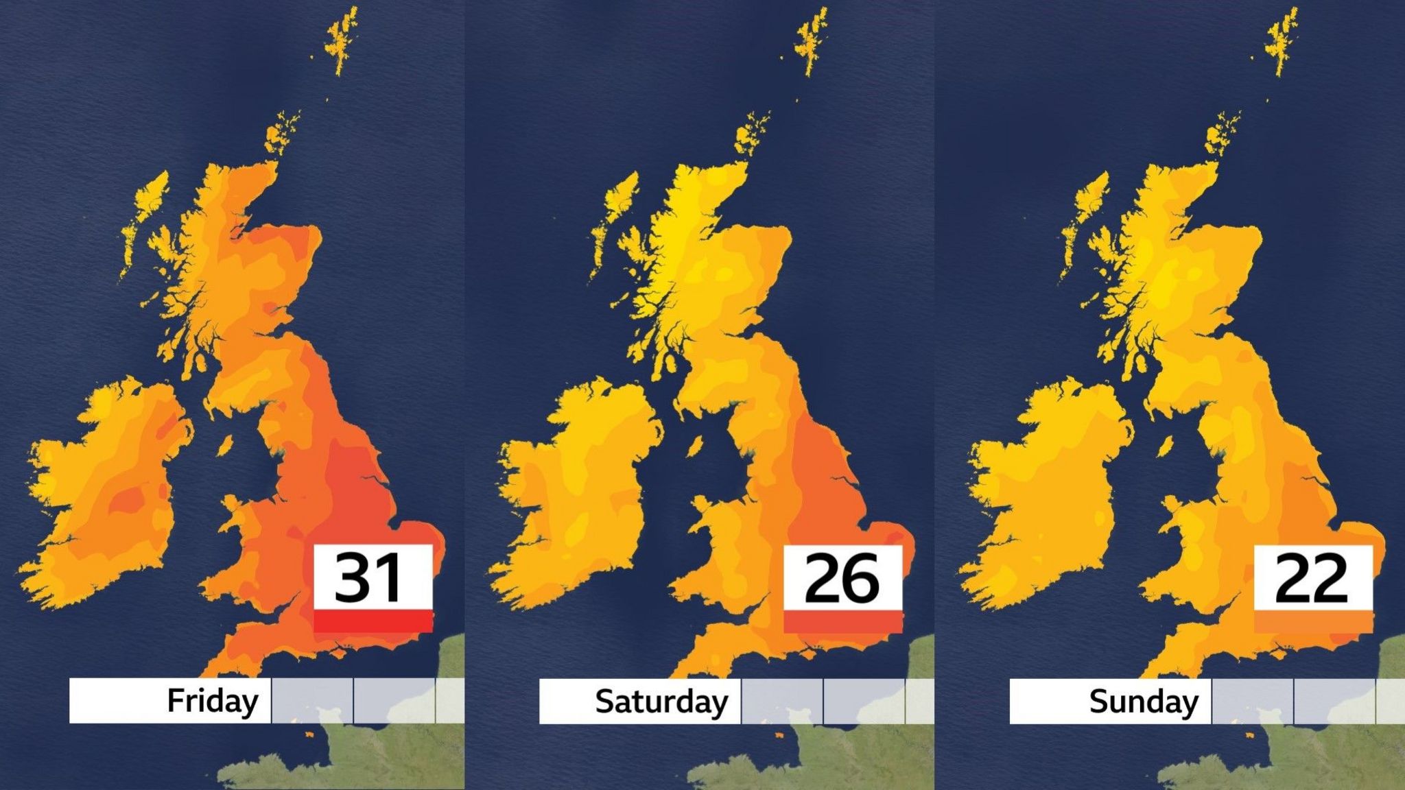 A photo of highest expected temperatures with 31C expected on Friday