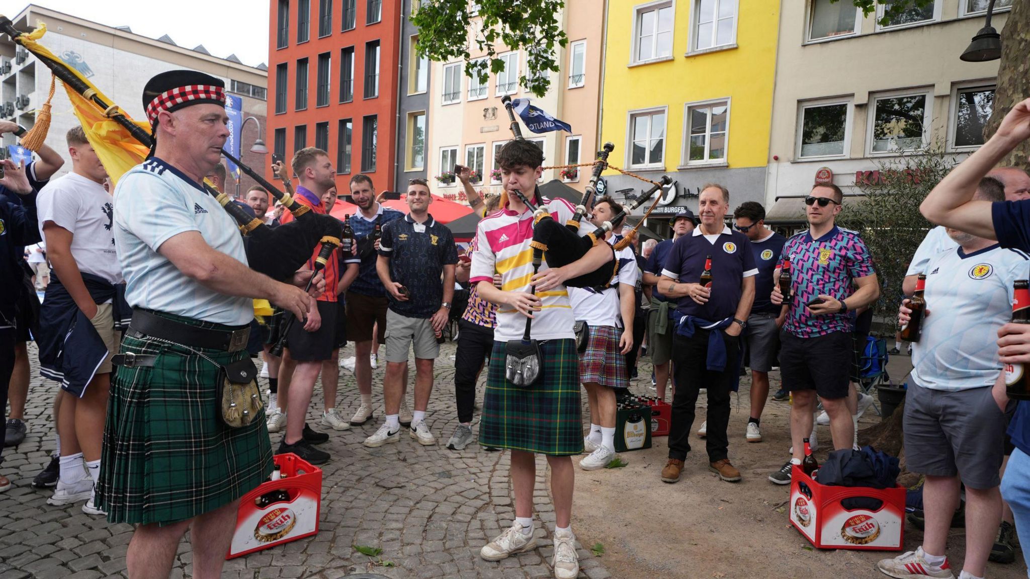 Scotland fans playing the bagpipes in Cologne during Euro 2024