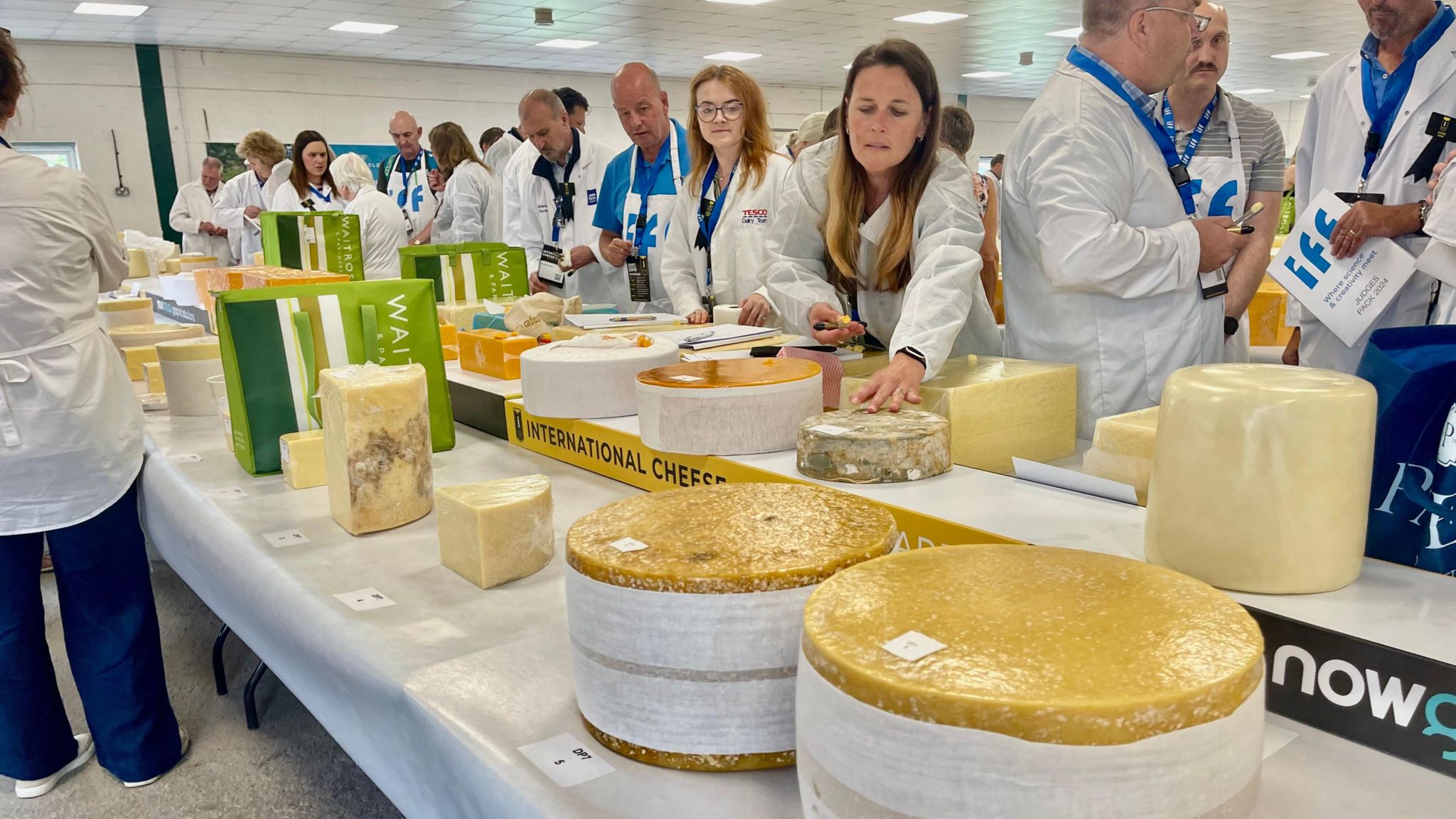 Large blocks of cheese laid across long white tables are judged by numerous people dressed in white coats.