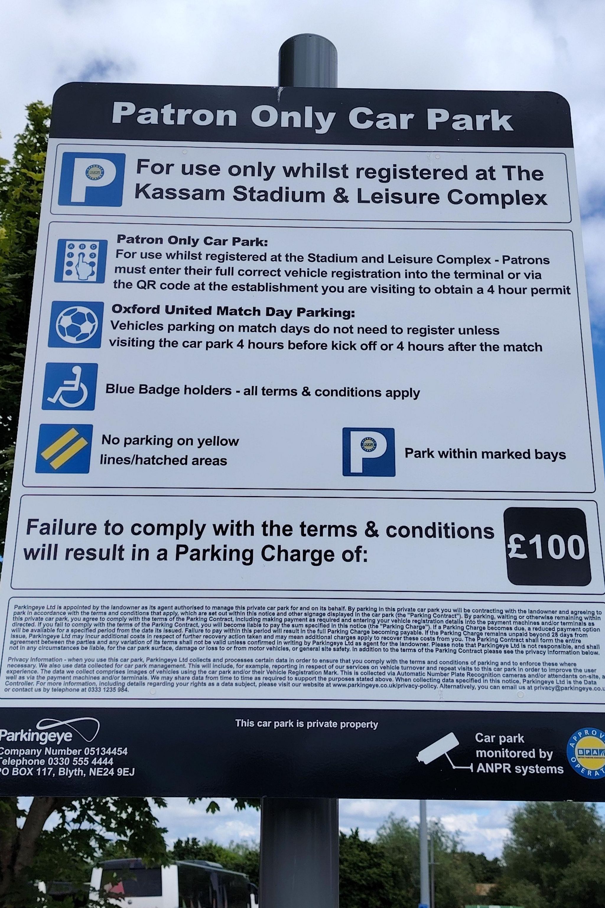 Kassam Stadium car park restrictions sign