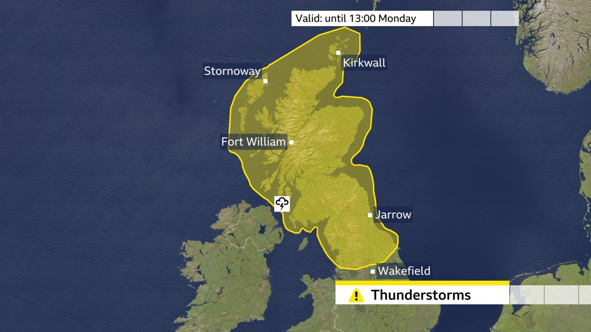 Yellow warning zone shown over Scotland and northern England