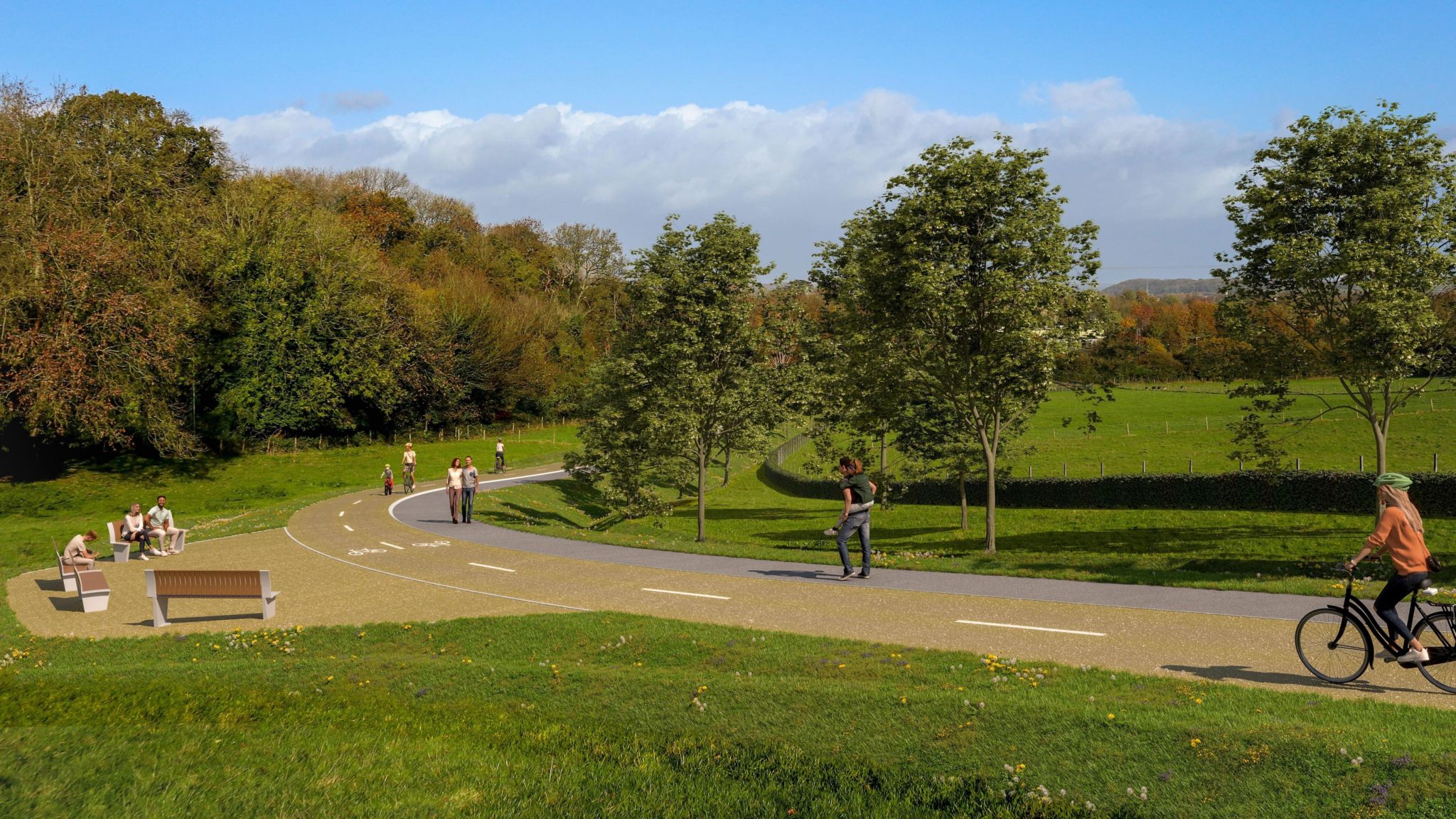 A cycle path running through Alveston Hill Greenway