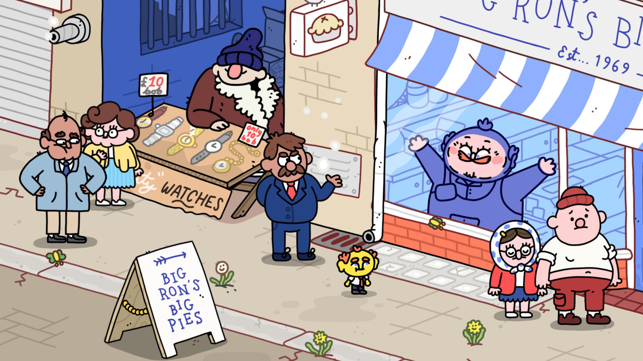 A cartoonish image of a street scene. Three characters mill around outside a glass-fronted shop, identified as "Big Ron's Big Pies" by a sandwich board on the pavement outside. In the alleyway next to the shop a shift-looking character stands behind a stall advertising watches for sale at "10 bob".