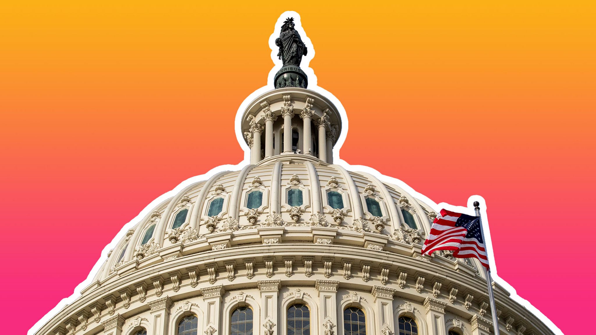 The US Capitol Building roof is seen cut out and set against the Tech Tent brand colours of deep magenta and orange