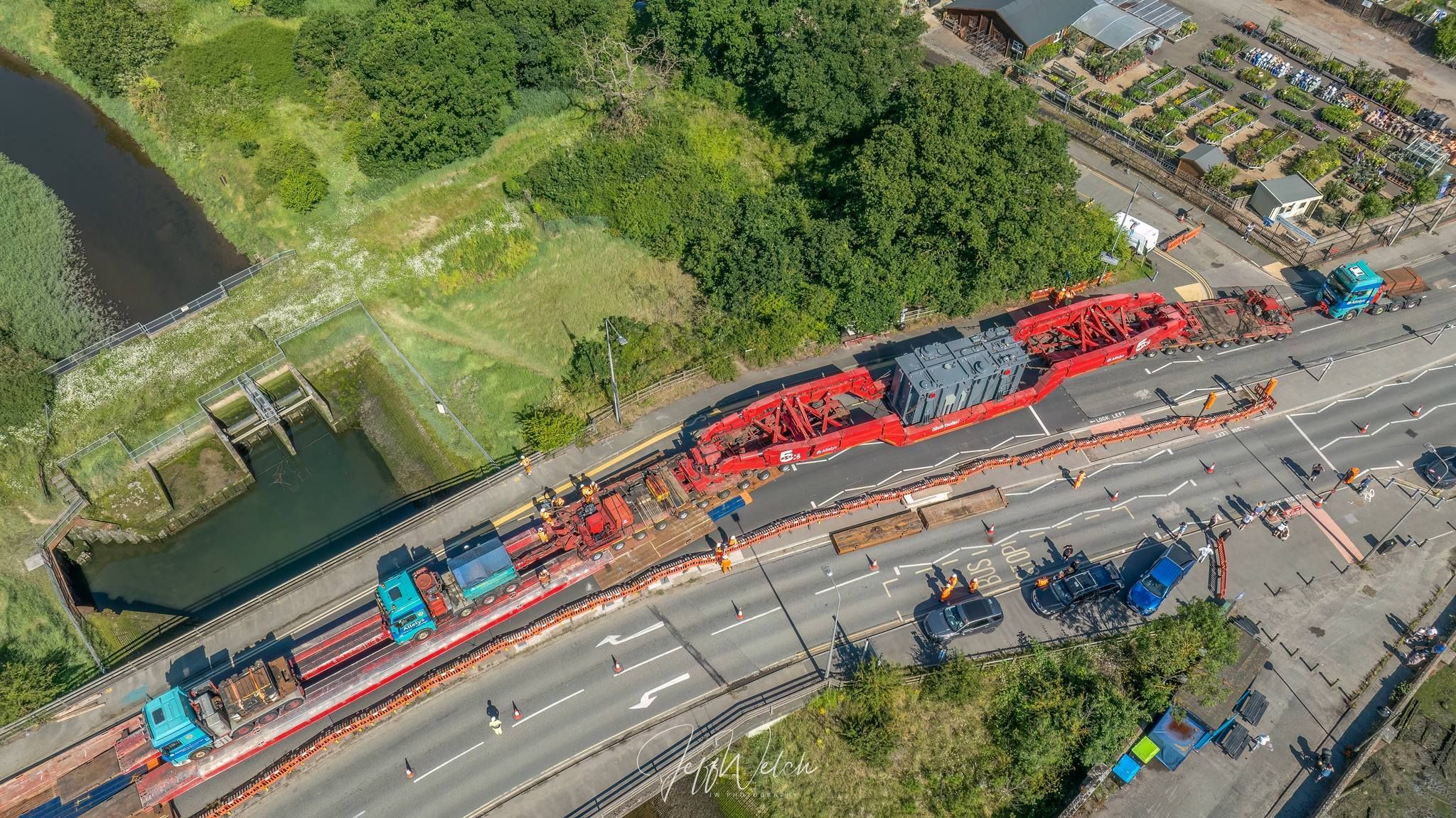 An aerial image of the abnormal load being moved through Ipswich