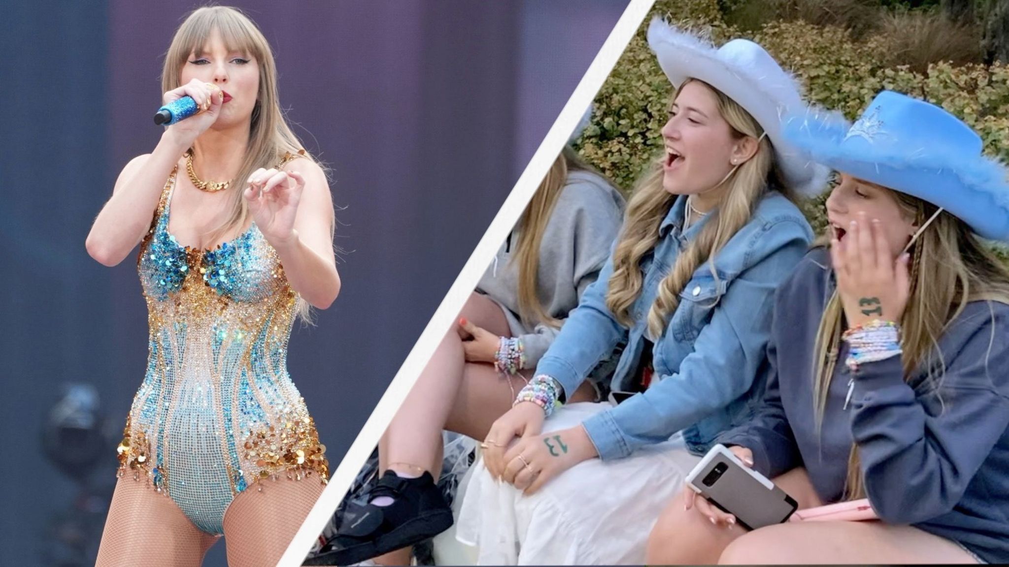 Split thumbnail: Taylor Swift performing at her Eras Tour in London, left, two fans wearing cowboy hats singing outside Wembley Stadium, right