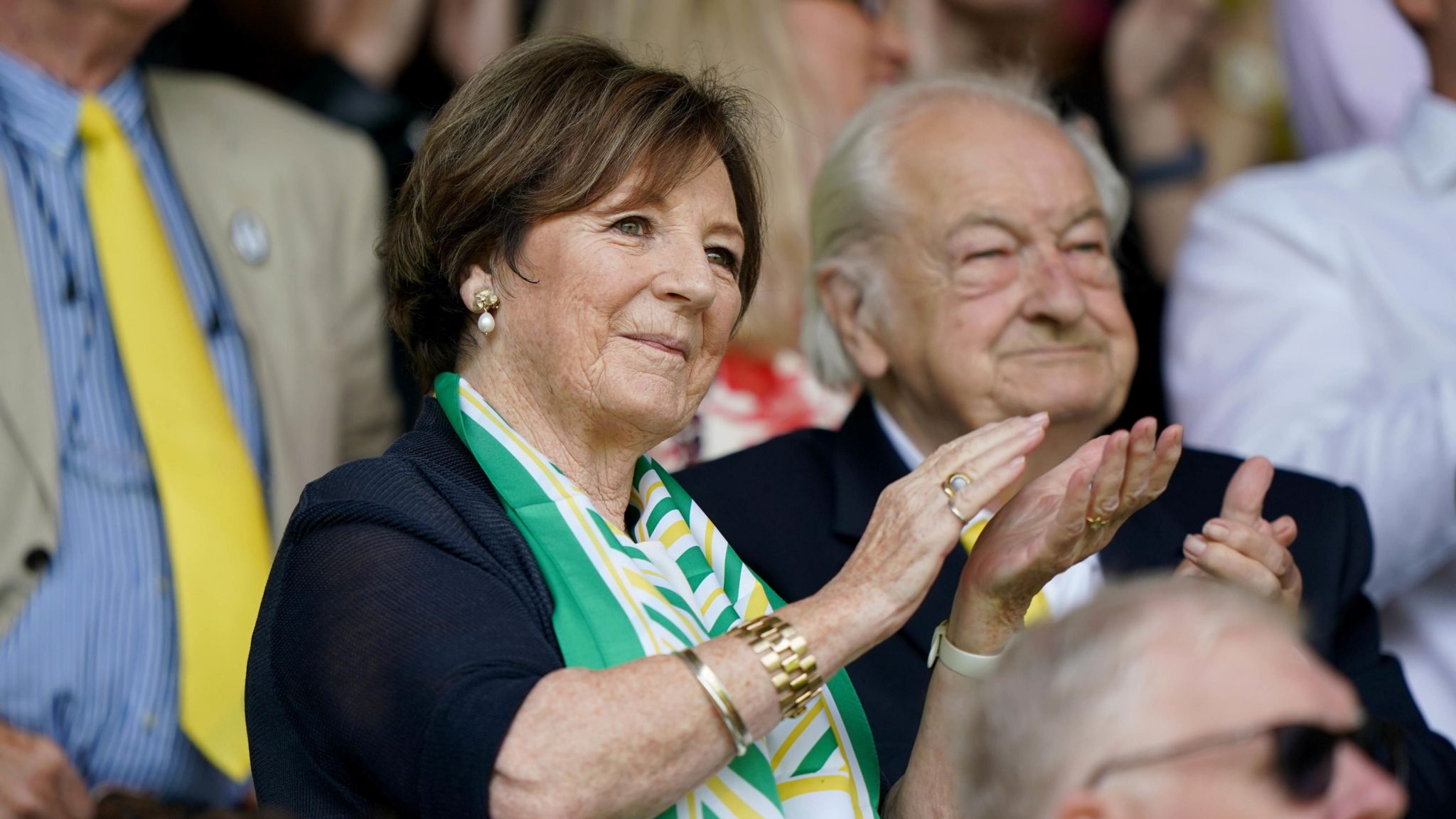 Delia Smith and Michael Wynn Jones during a match at Carrow Road in 2022