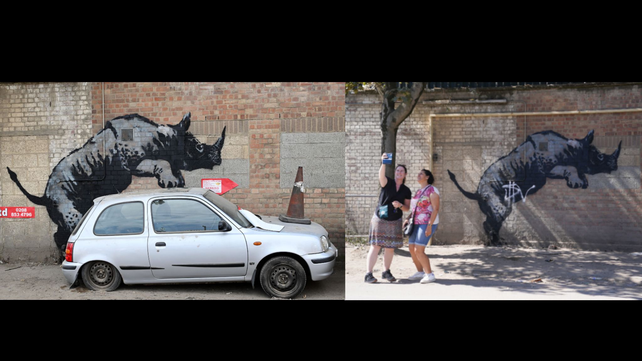 Two pictures of Banksy's rhinoceros, - one with the car and traffic cone and one without them after they were removed 