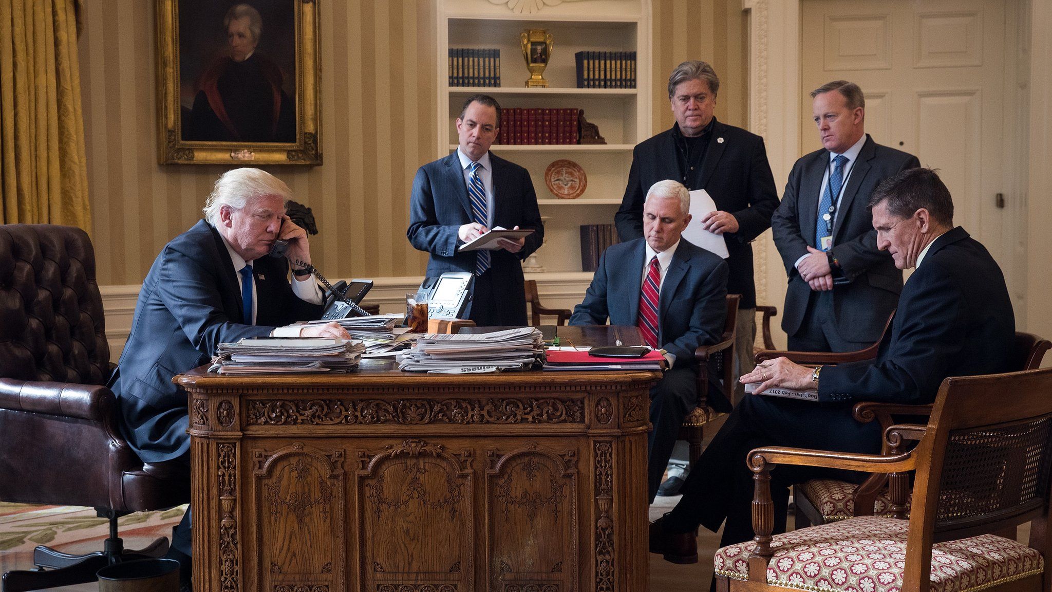 Photo from oval office on 28 January shows Trump and his close colleagues