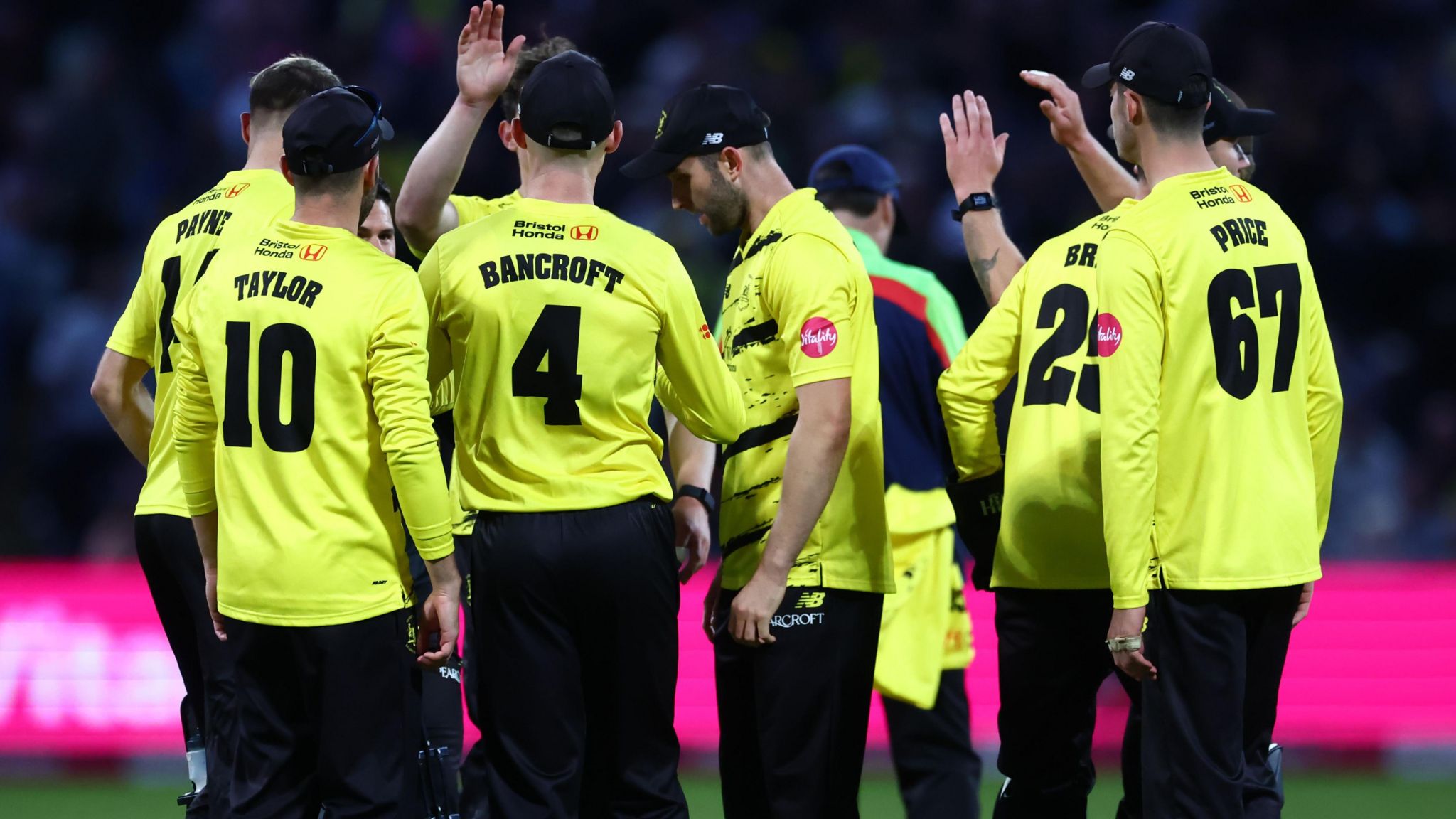 Gloucestershire's players celebrate another Somerset wicket