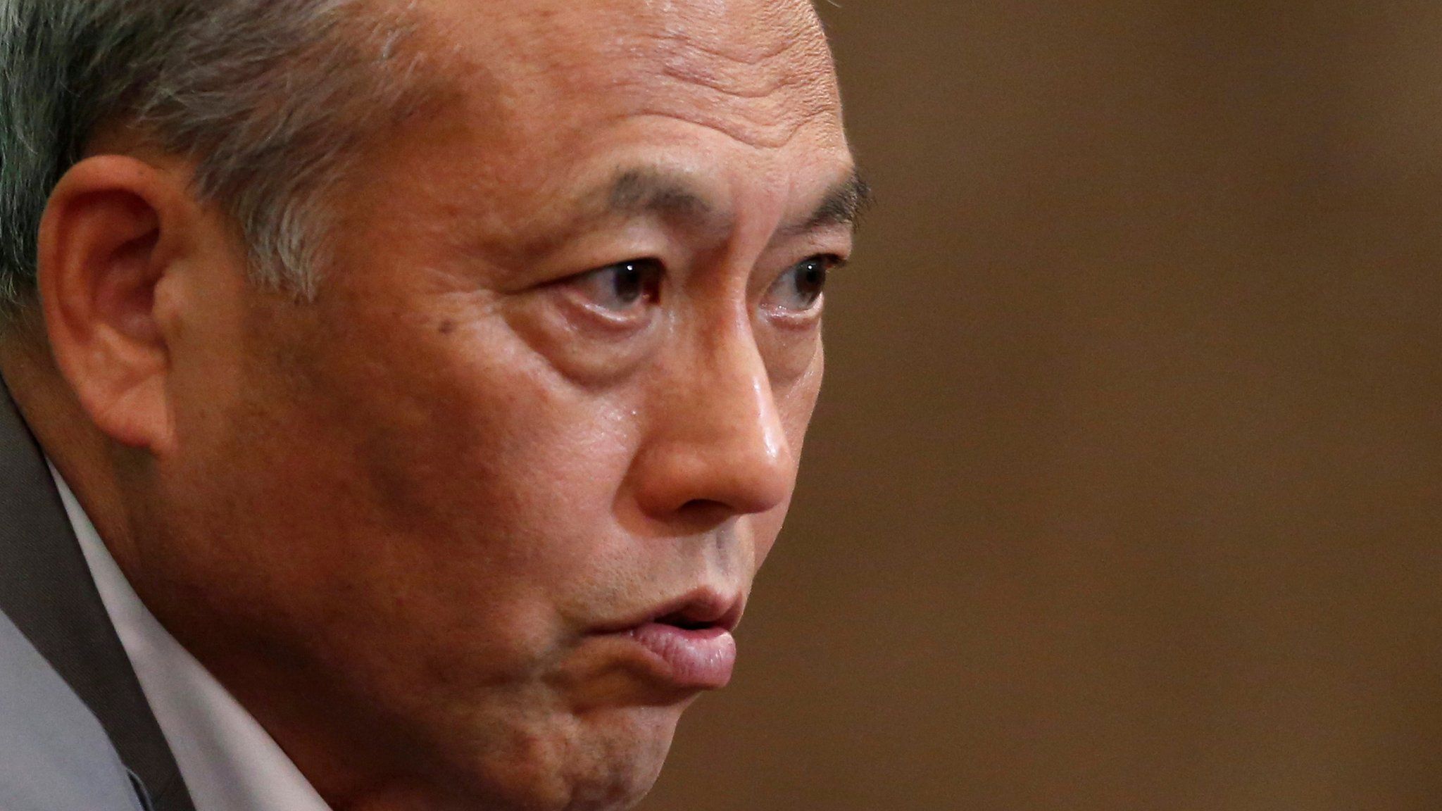 Close-up of Tokyo Governor Yoichi Masuzoe at a news conference in Tokyo on 6 June 2014.