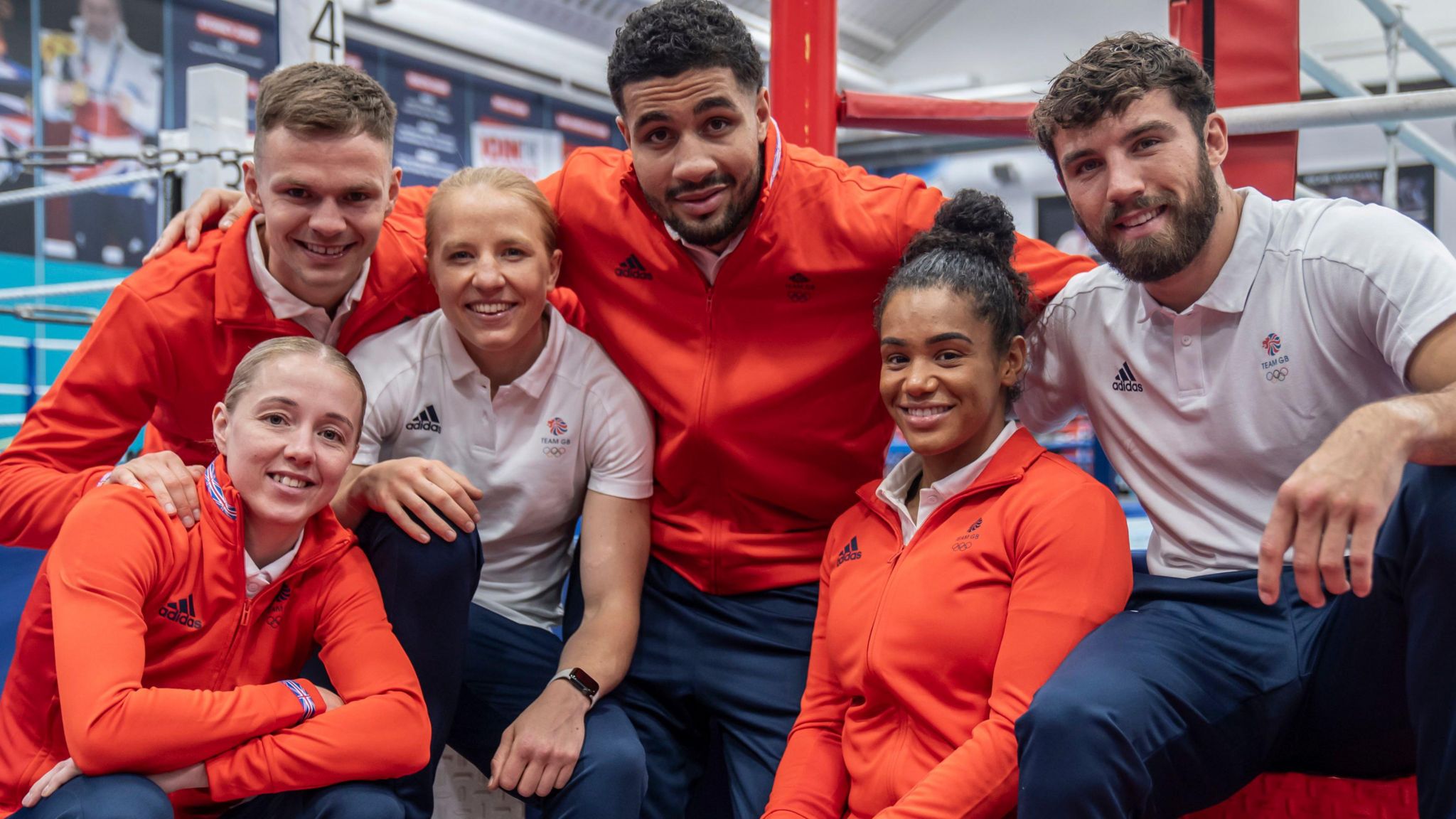 Team GB's Lewis Richardson, Charley Davison, Rosie Eccles, Delicious Orie, Chantelle Reid and Pat Brown during the Team GB Paris 2024 boxing team announcement at the English Institute of Sport in Sheffield