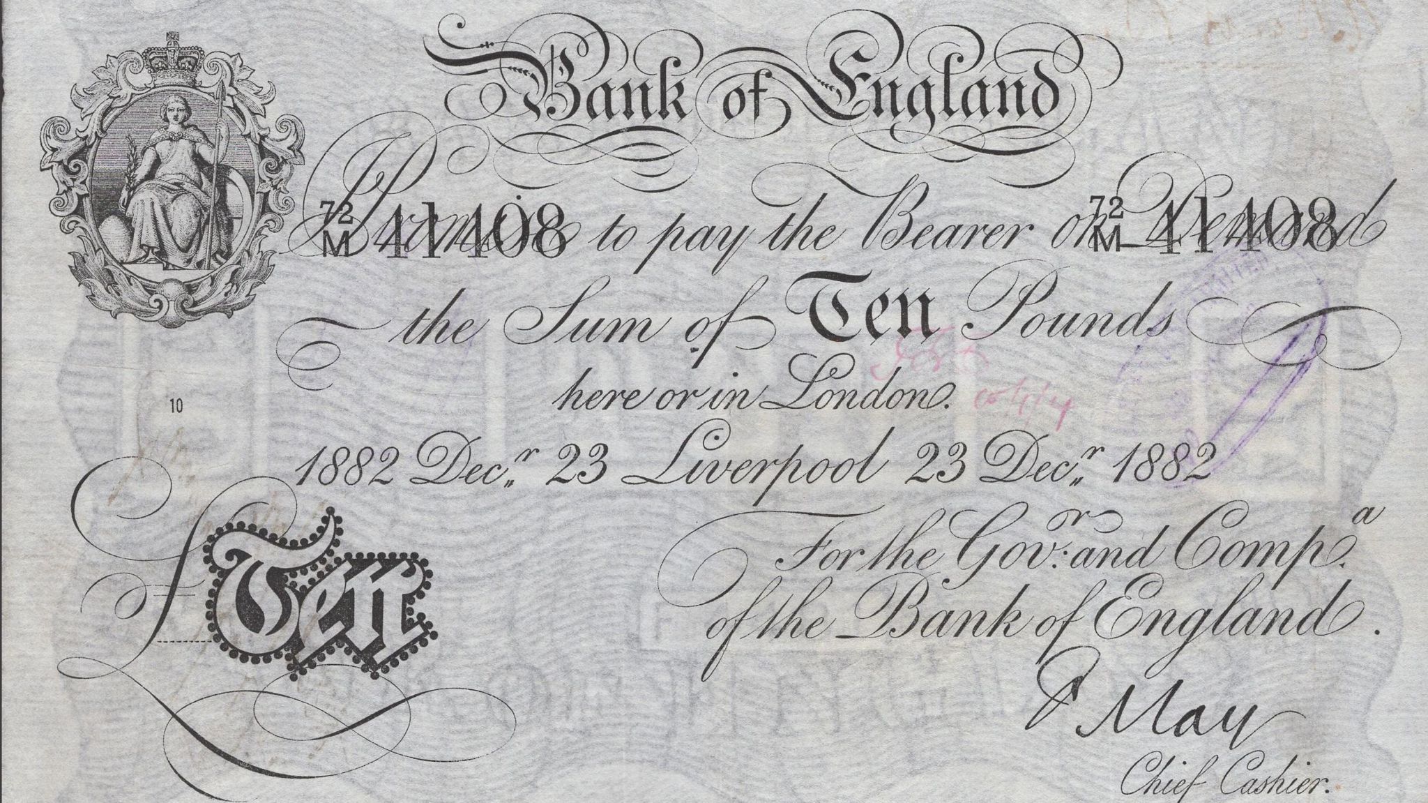 The £10 note signed by chief cashier Frank May