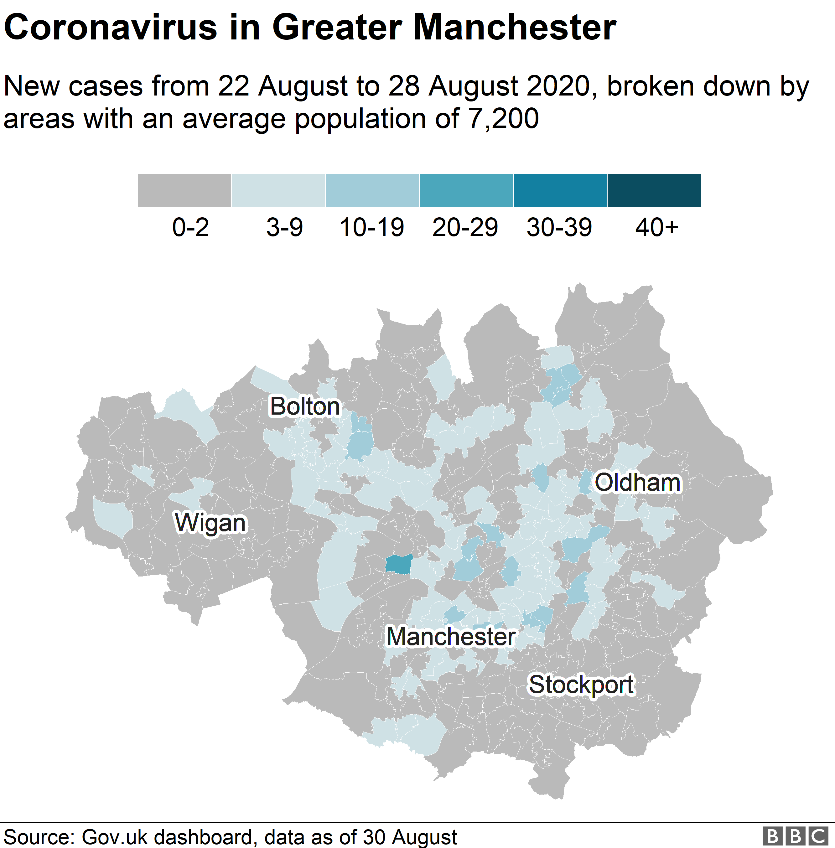 Map showing coronavirus cases in Greater Manchester