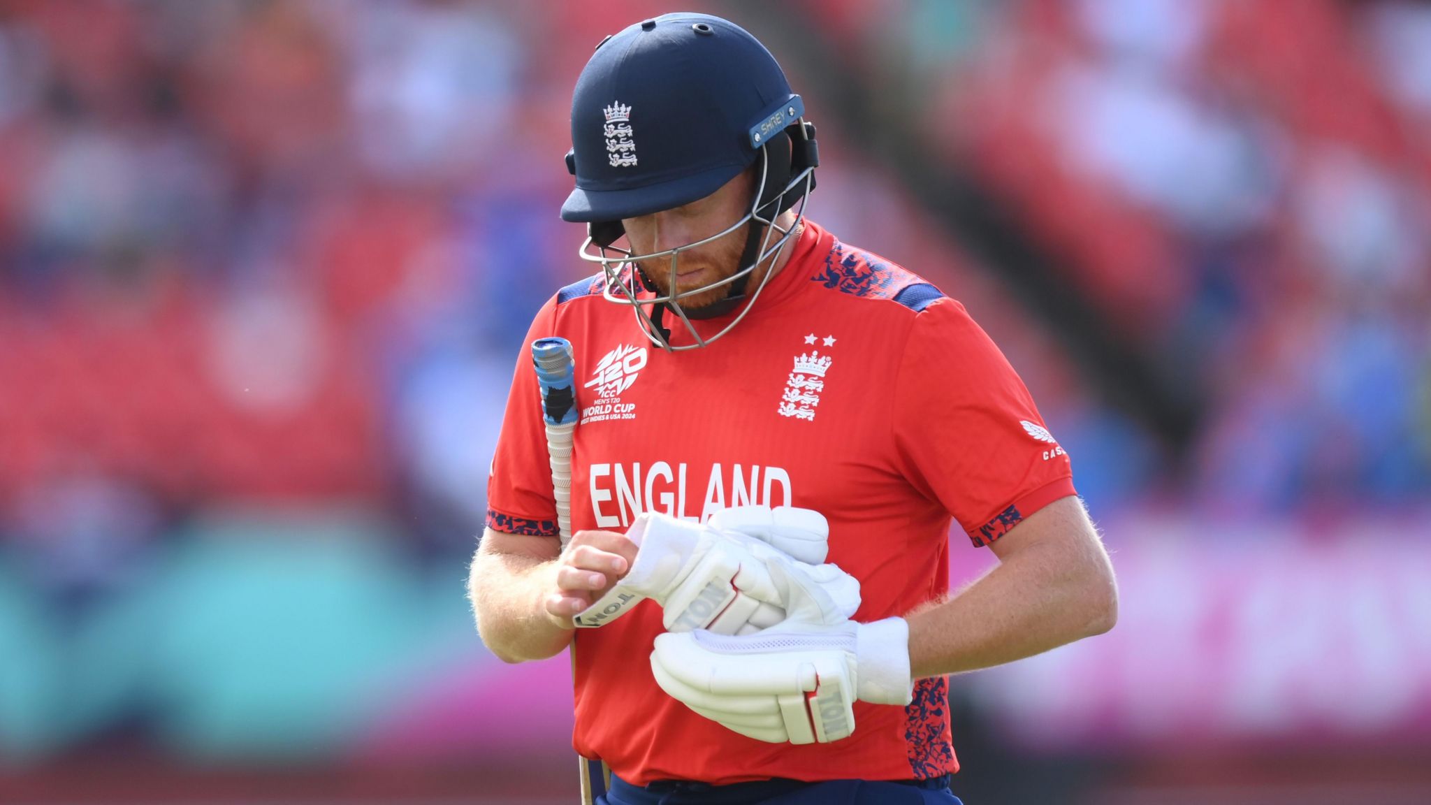 Jonny Bairstow walks off after being dismissed against India at the T20 World Cup in June 2024