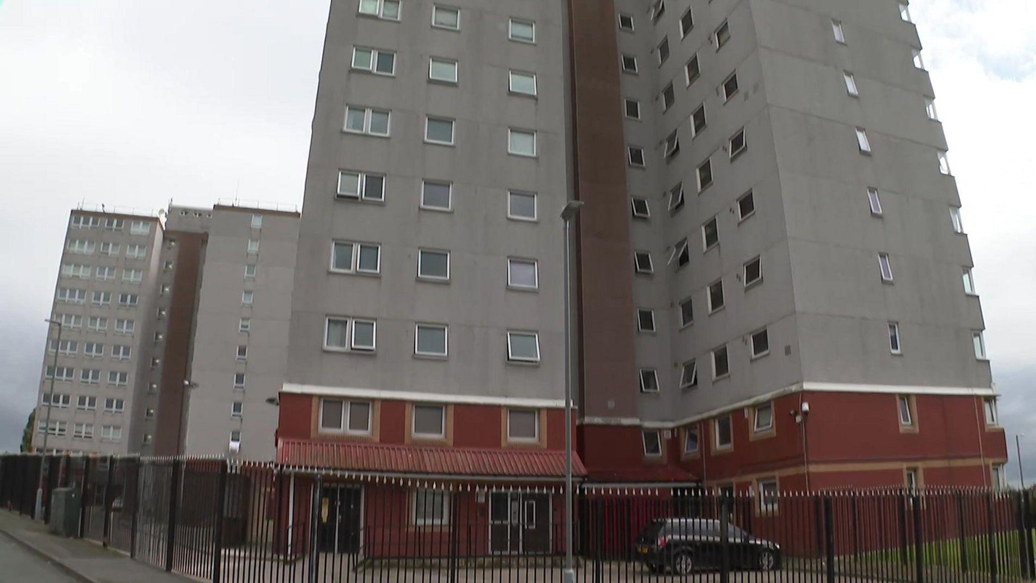 External view of a block of flats called Knowsley Heights in Huyton