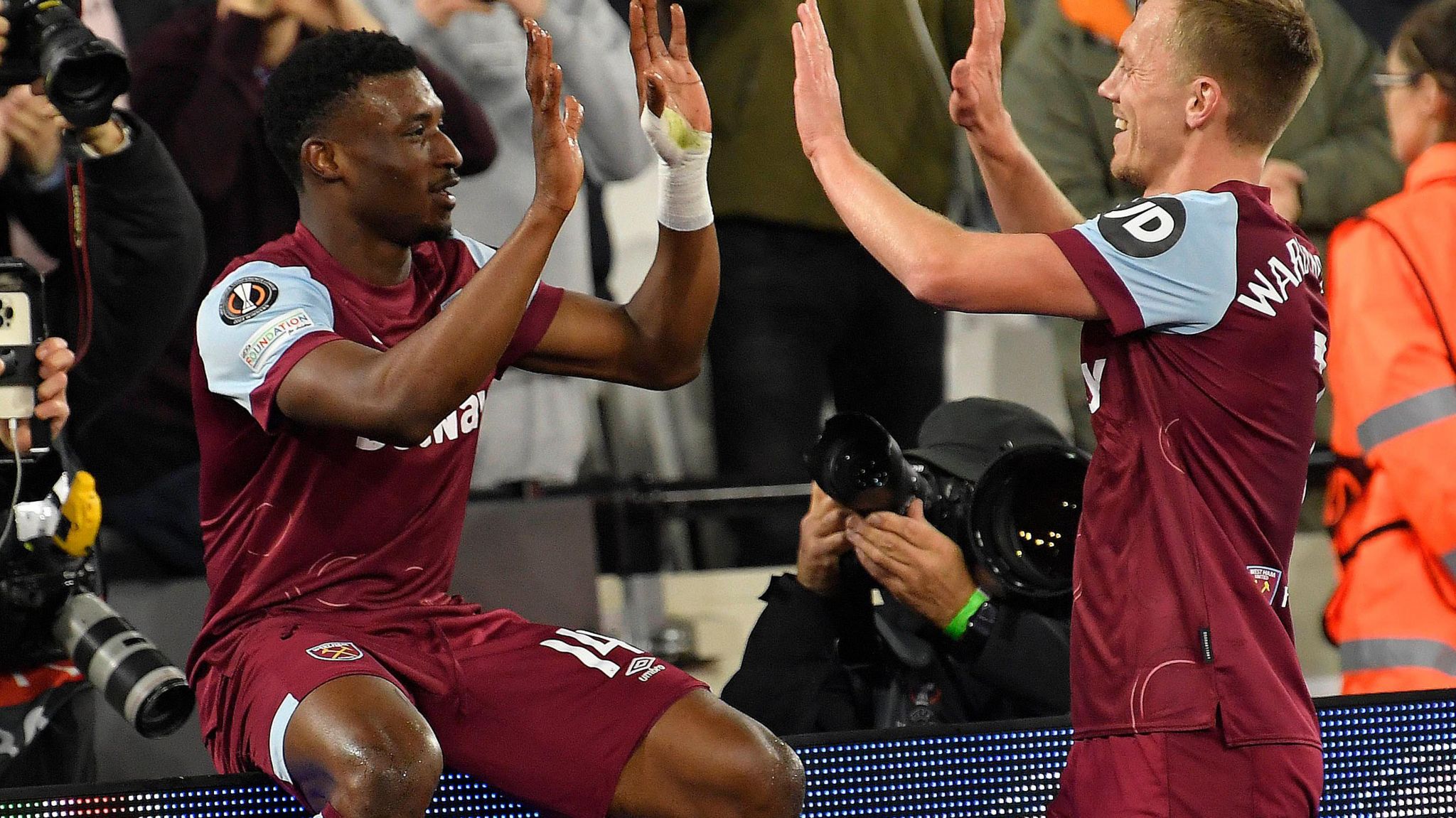Mohamed Kudus and James Ward Prowse celebrate a goal for West Ham United
