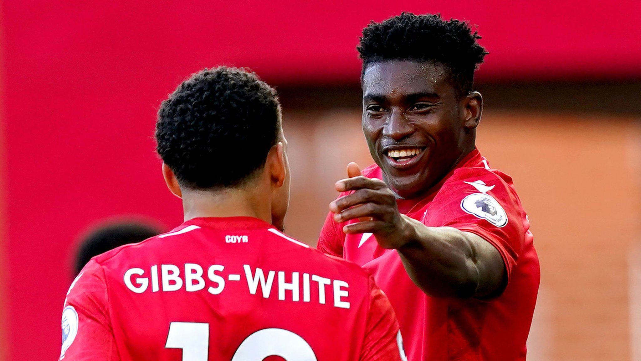 Nottingham Forest's Taiwo Awoniyi celebrates with team-mate Morgan Gibbs-White after scoring against Arsenal in the Premier League