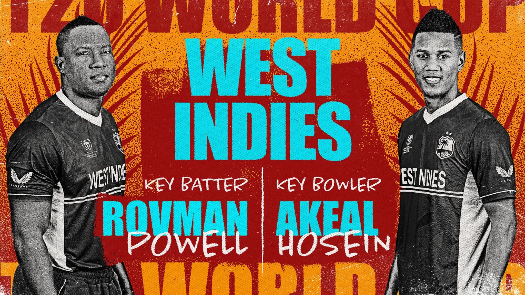 A graphic showing Rovman Powell and Akeal Hosein as West Indies' key batter and bowler at the Men's T20 World Cup