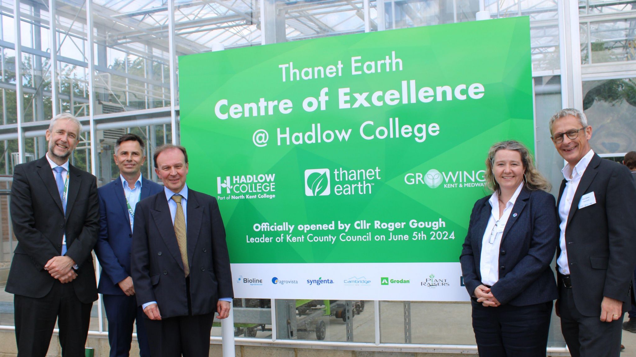 L-R: Chris Lydon, Hadlow College vice Principal, Alan Harvey, head of curriculum for Horticulture & Floristry at Hadlow College, leader of Kent County Council Roger Gough, Dr Nikki Harrison, director at Growing Kent & Medway, and Robert James, technical director for Thanet Earth.