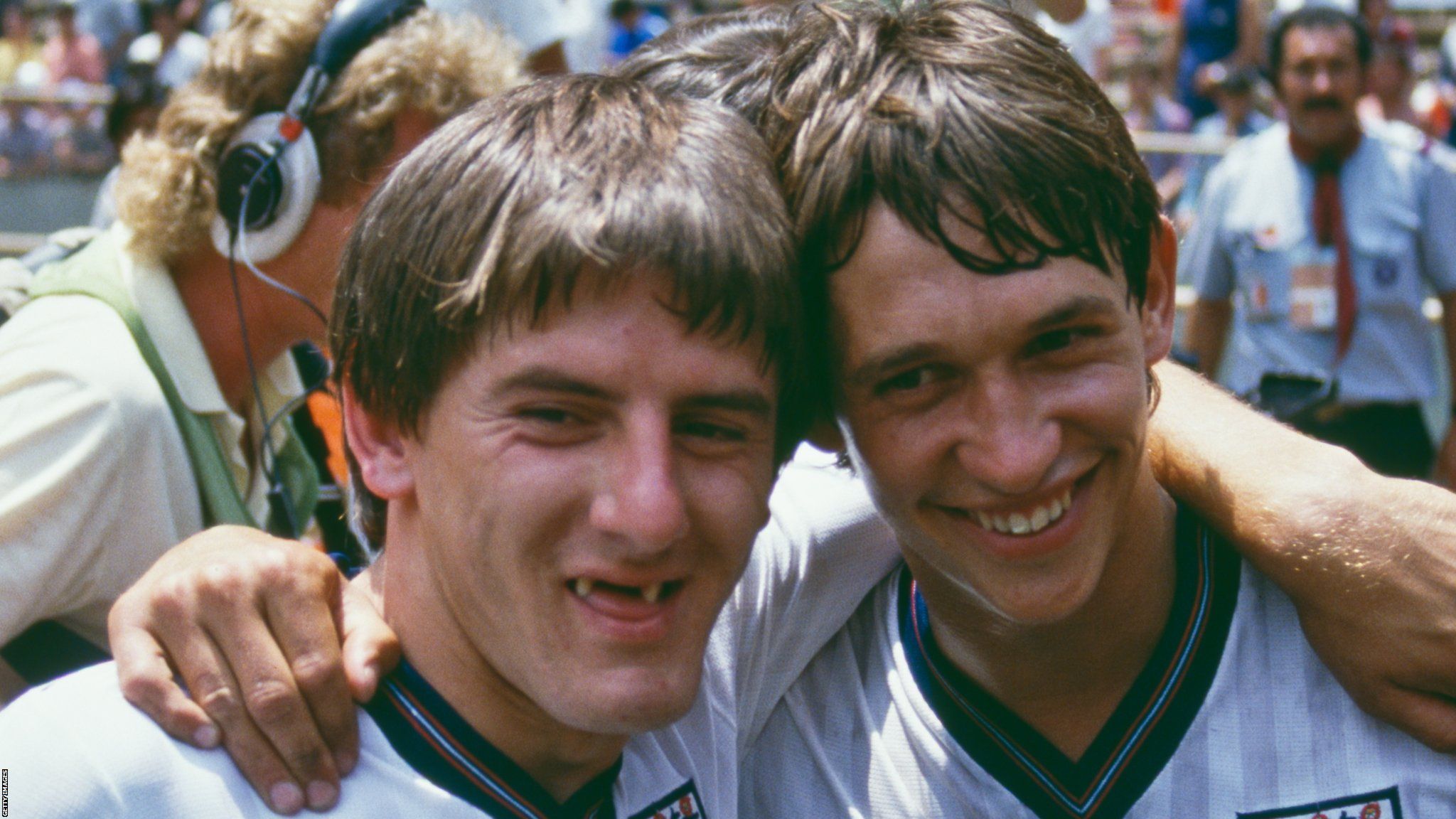 Peter Beardsley and Gary Lineker celebrate England's last 16 victory over Paraguay at Mexico in the 1986 World Cup