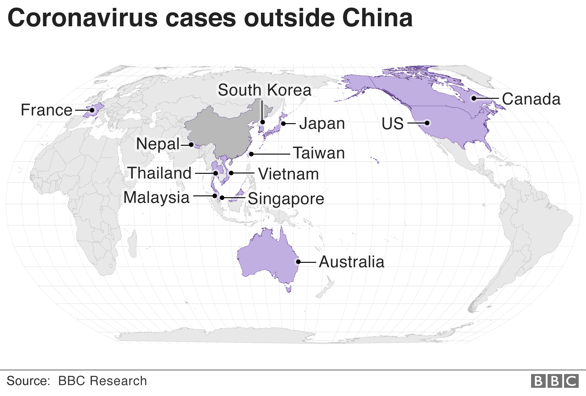 Map showing spread of coronavirus outside China