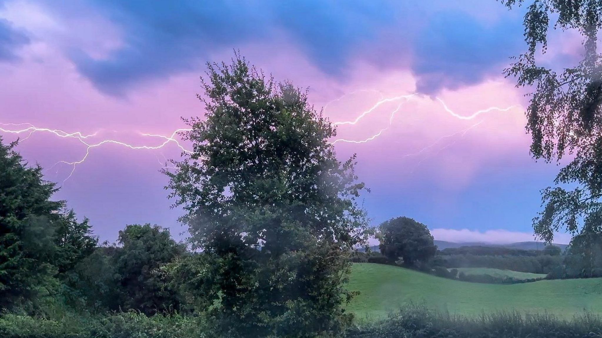 Lightning across the sky. The sky is a lilac and blue colour. There are trees and grass beneath it.