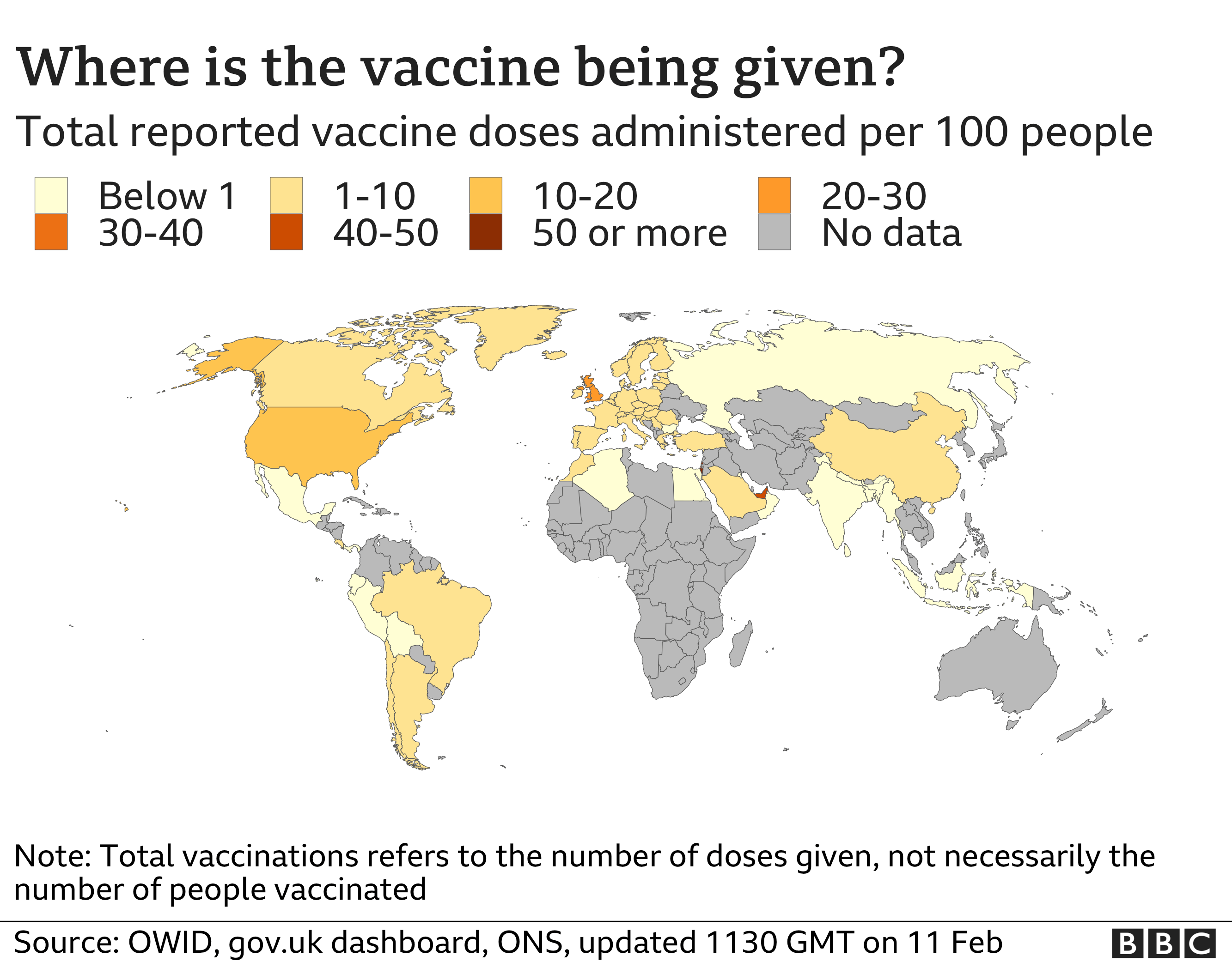 A world map showing which countries have administered Covid-19 vaccines