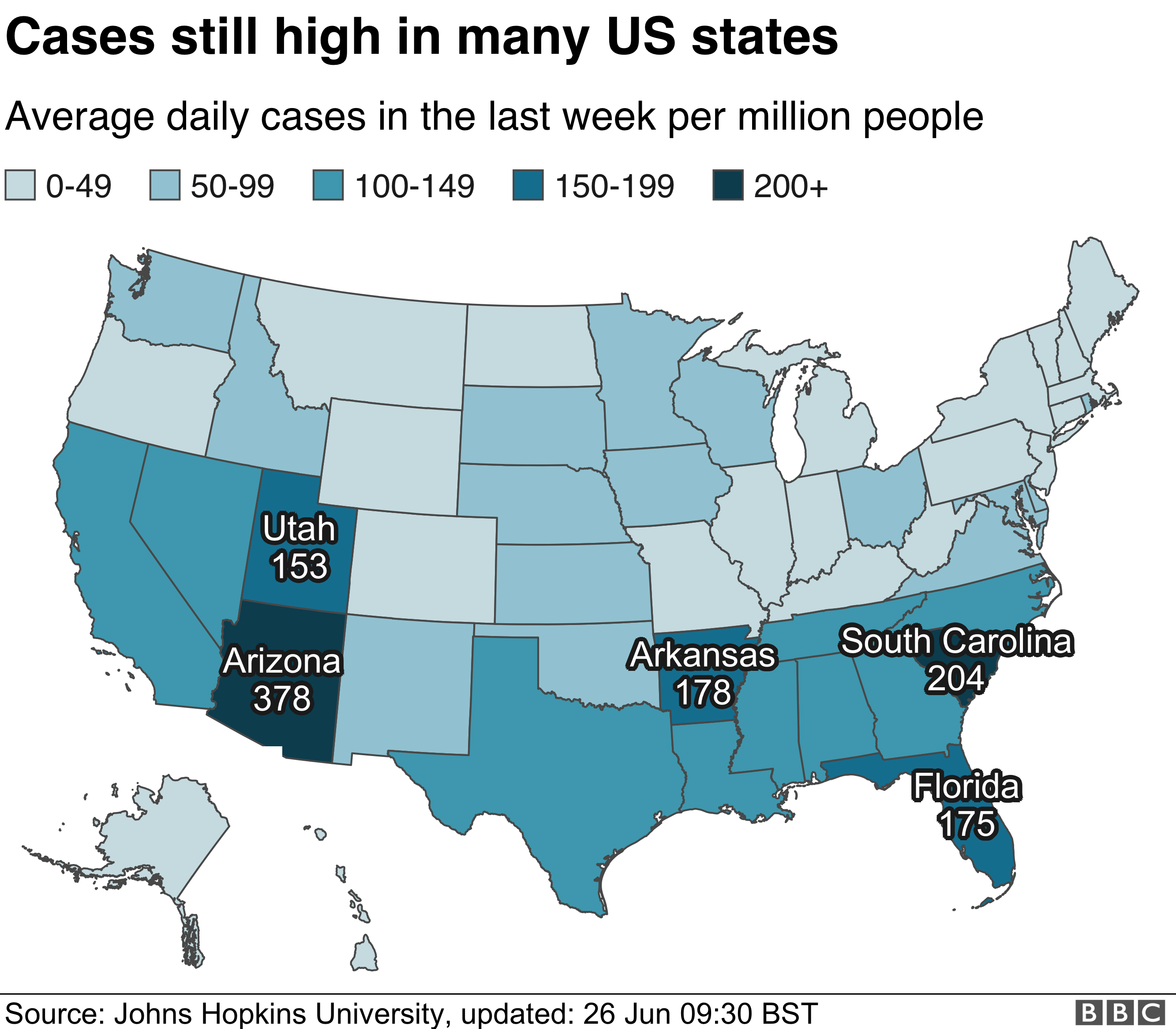 Map showing states with a high number of average weekly cases per million people