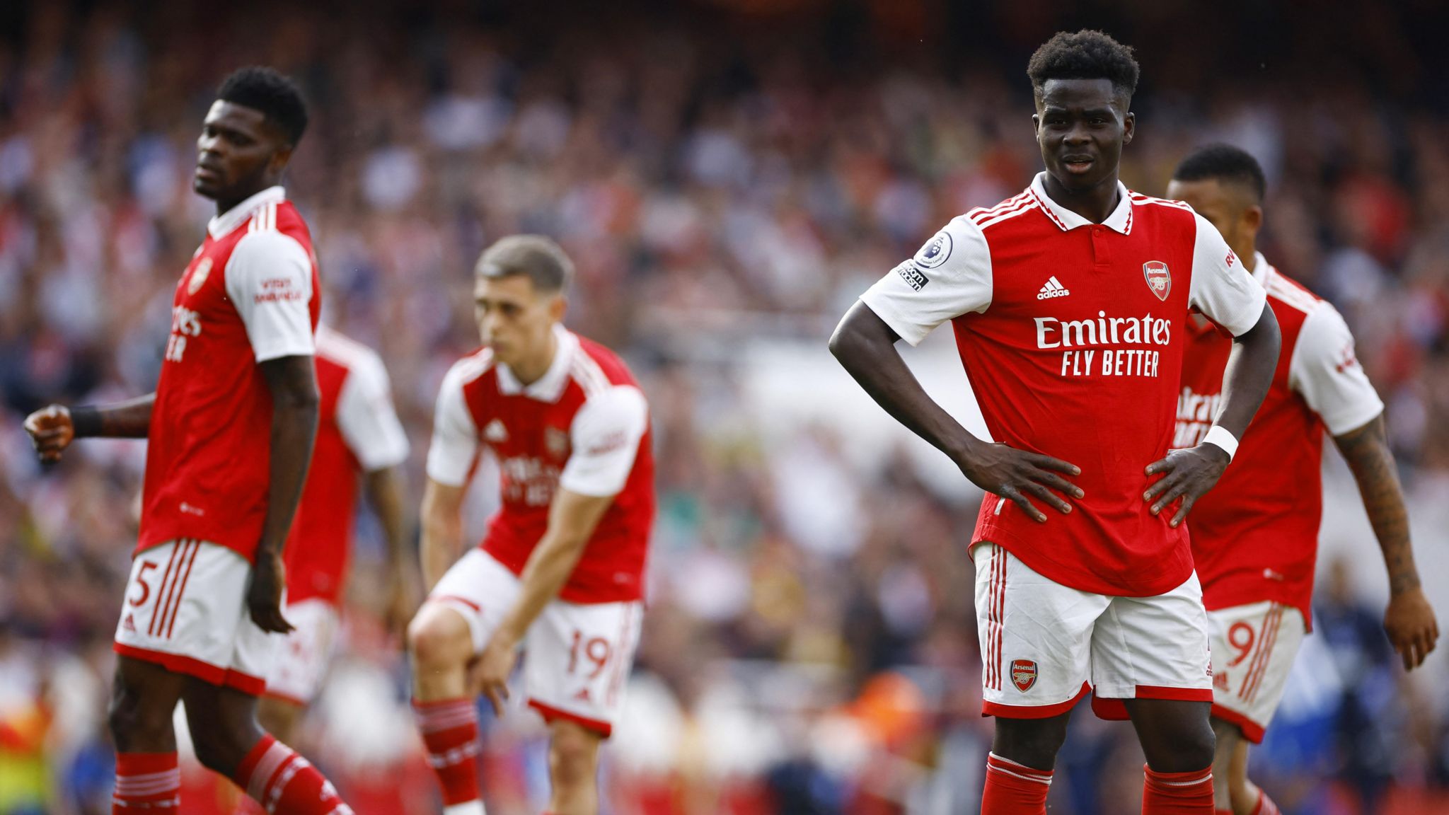 Bukayo Saka reacts to a Brighton goal at Arsenal
