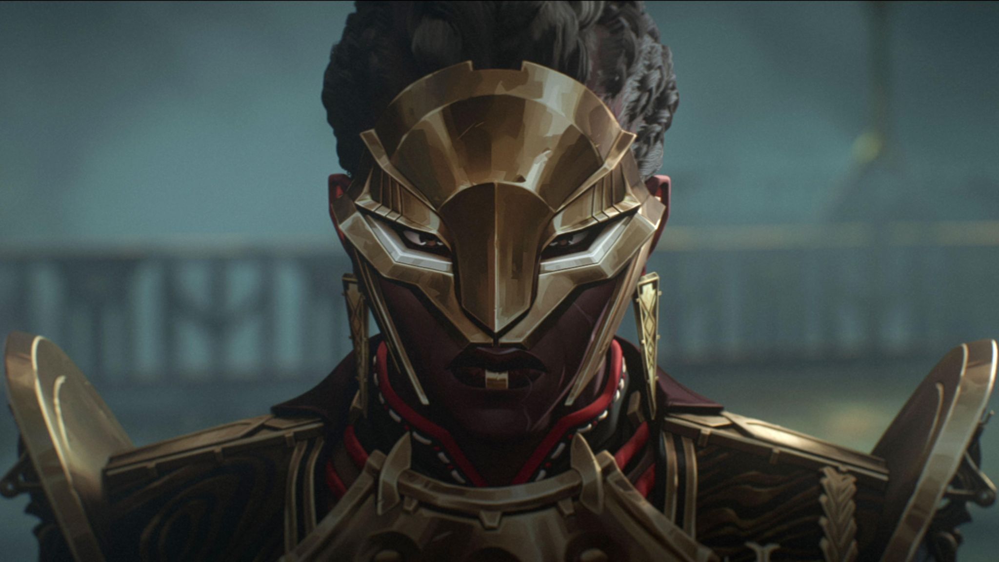 A character in gold armour and matching mask stares menacingly at the viewer in this screengrab from animated series Arcane.