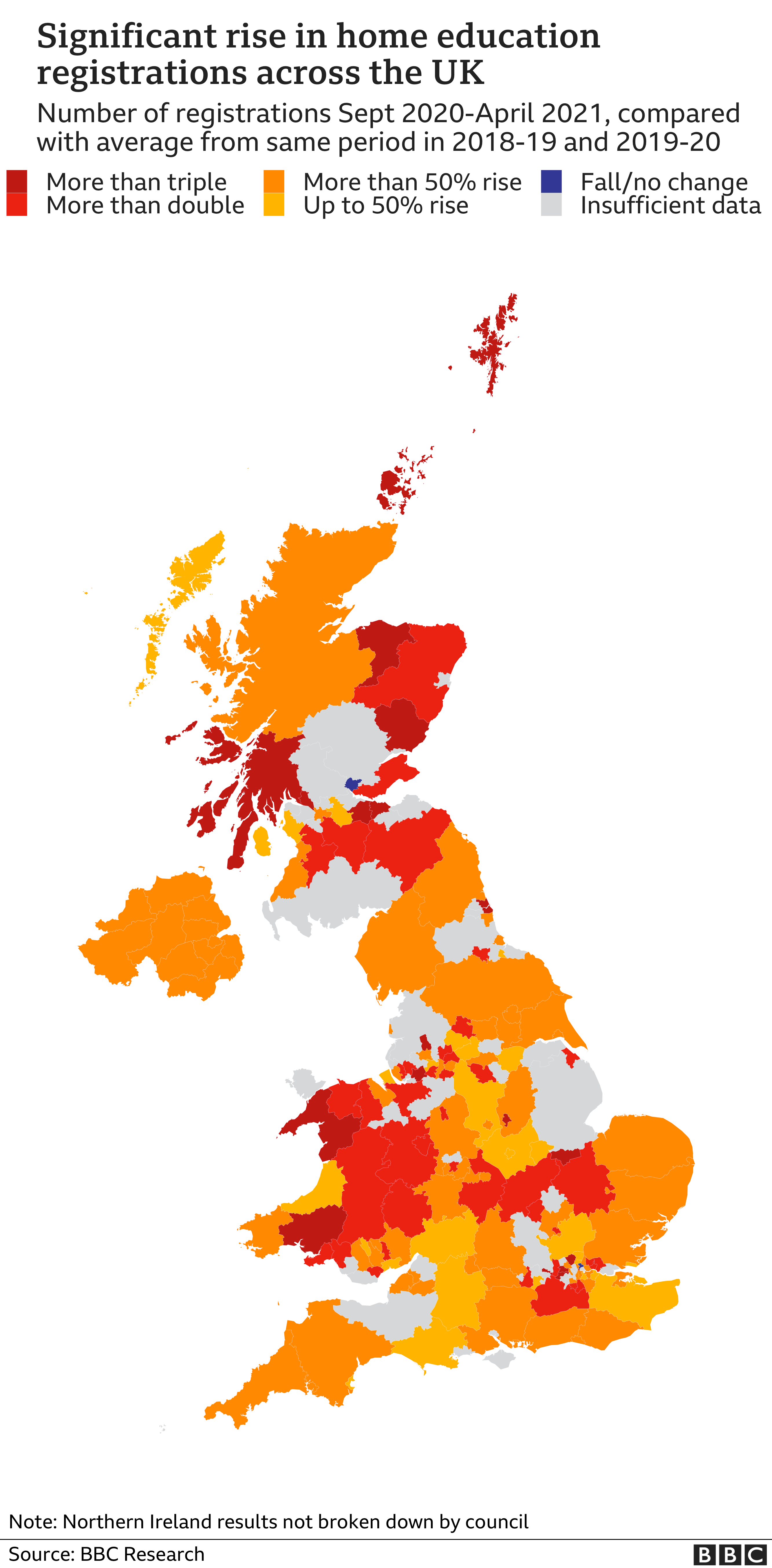 Map showing the areas with the most home education registrations
